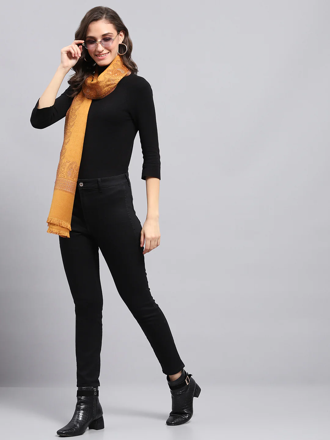 Women Mustard Self Design Stole - Image 2