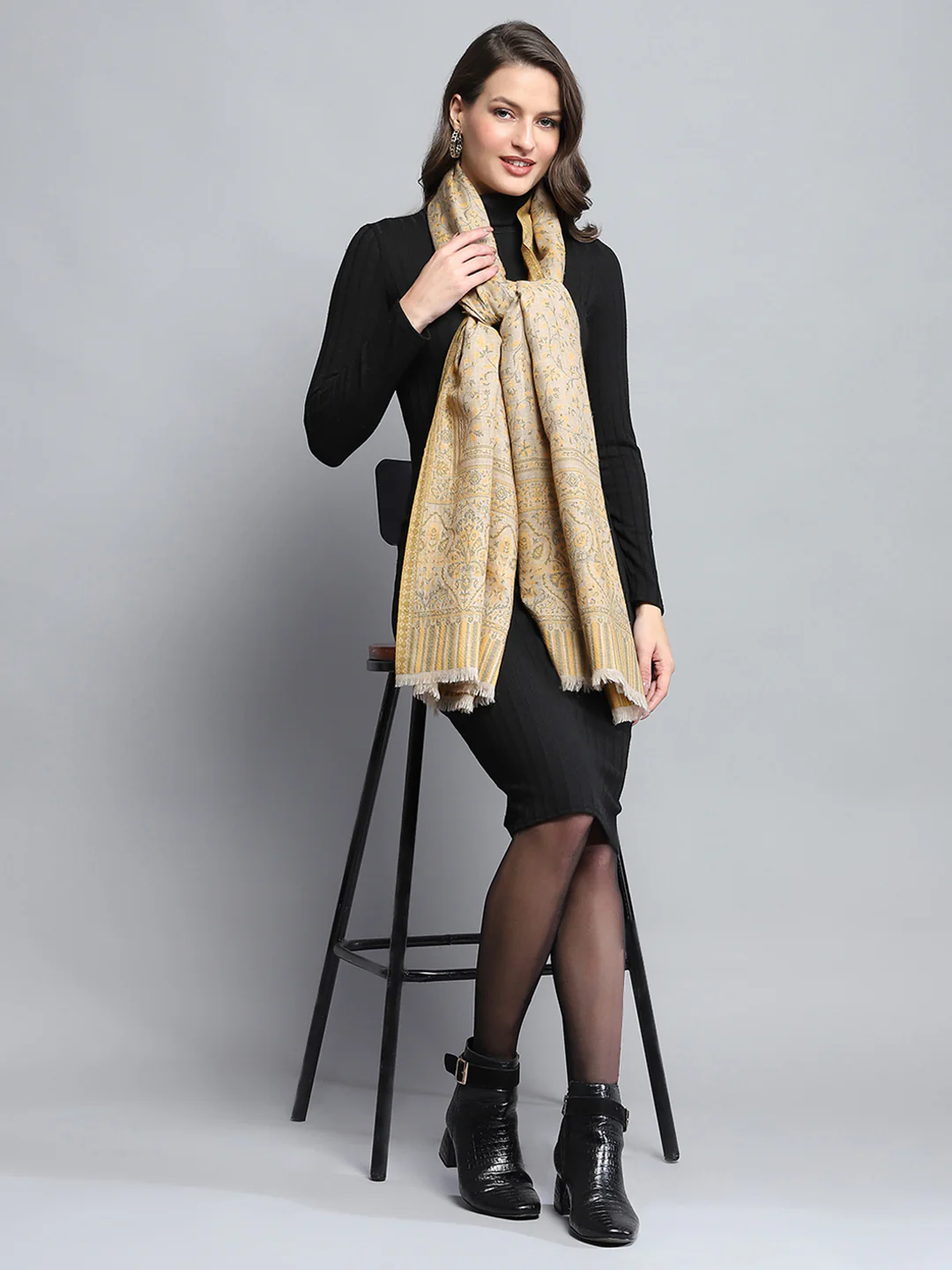 Women Mustard Self Design Stole - Image 2