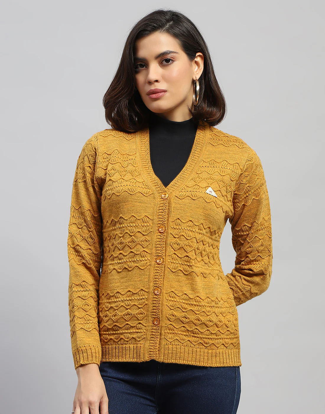 Women Mustard Self Design V Neck Full Sleeve Cardigan - Image 2