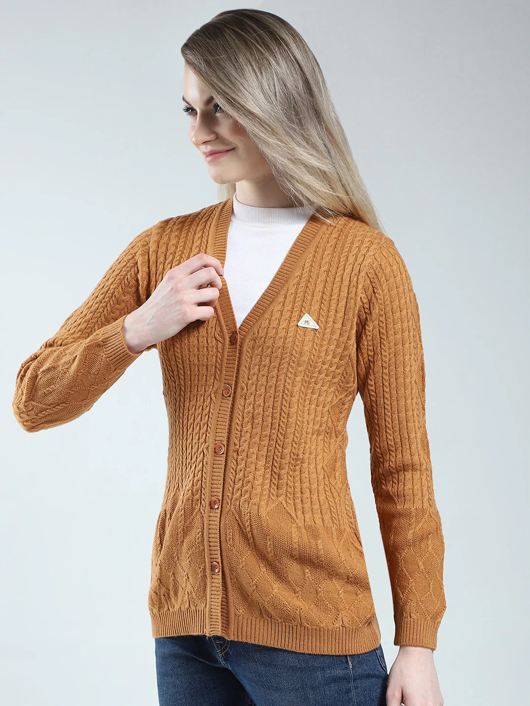 Women Mustard Self Design V Neck Full Sleeve Cardigan - Image 3