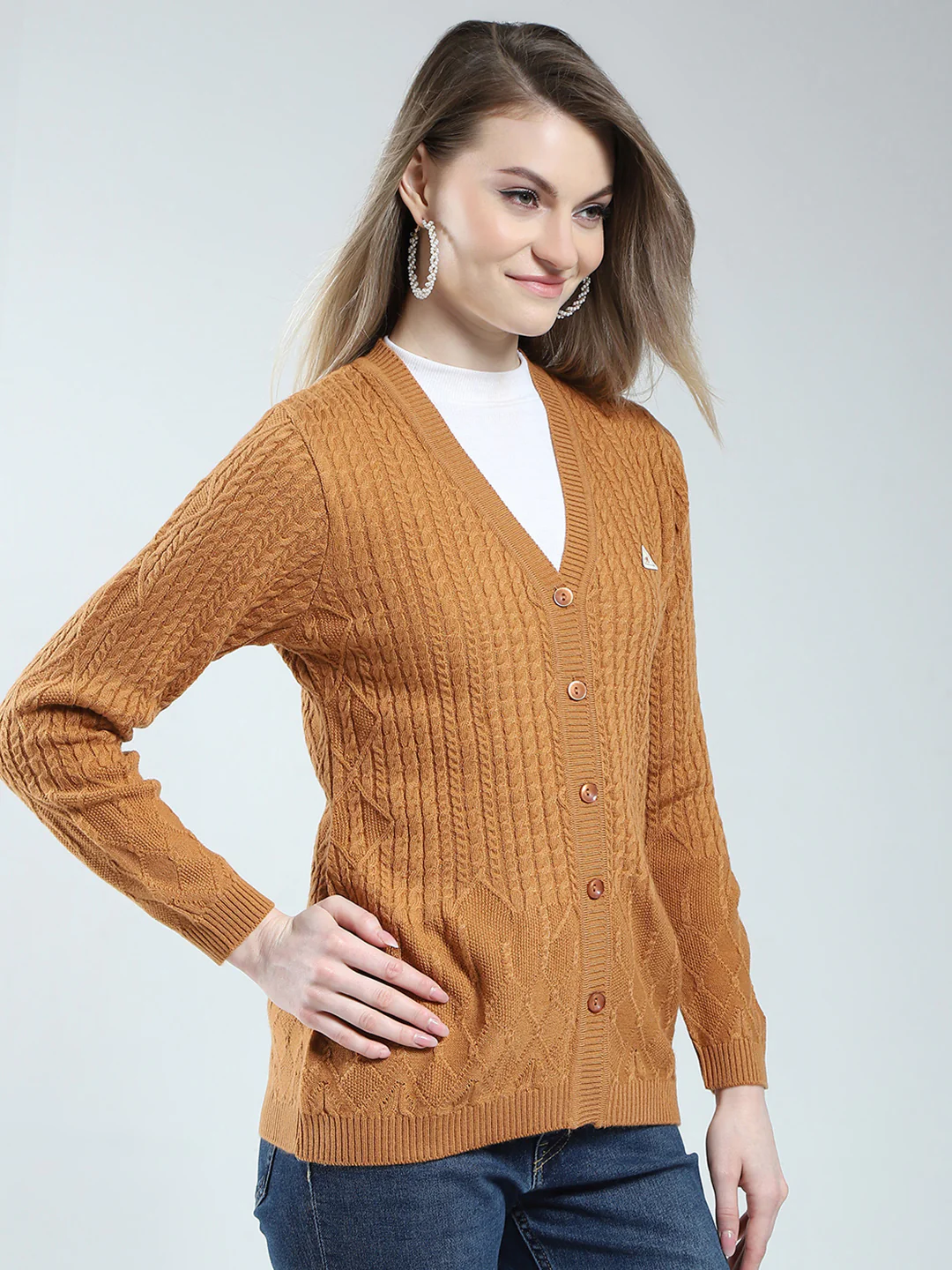 Women Mustard Self Design V Neck Full Sleeve Cardigan - Image 4