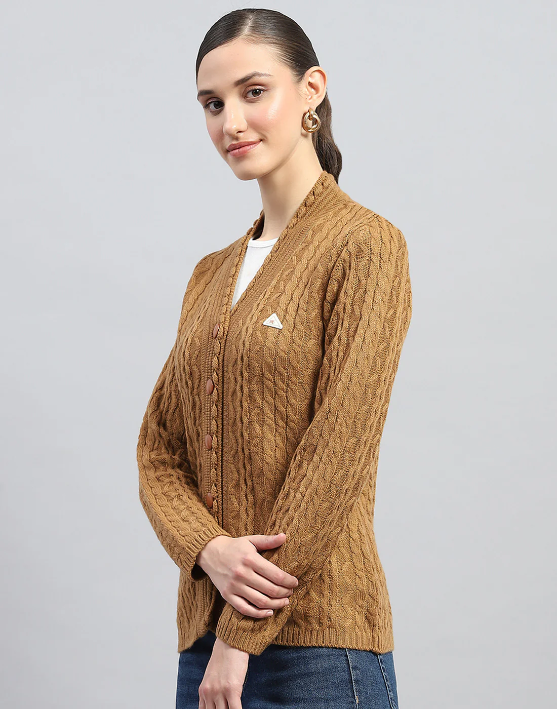 Women Mustard Self Design V Neck Full Sleeve Cardigan - Image 3