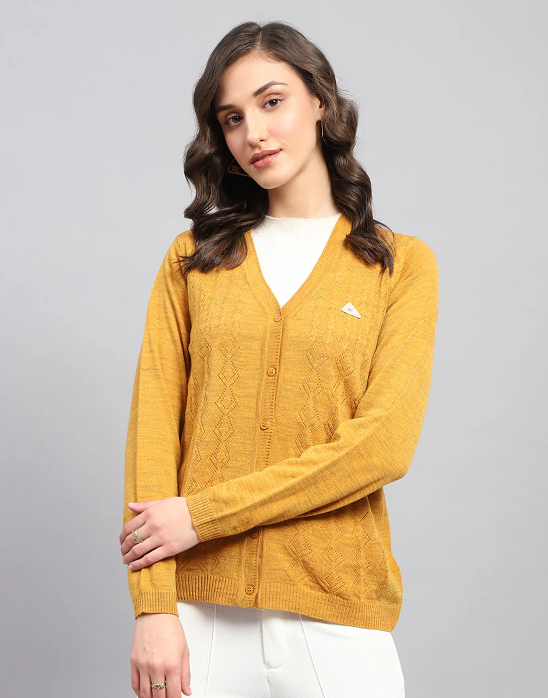 Women Mustard Self Design V Neck Full Sleeve Cardigan - Image 2