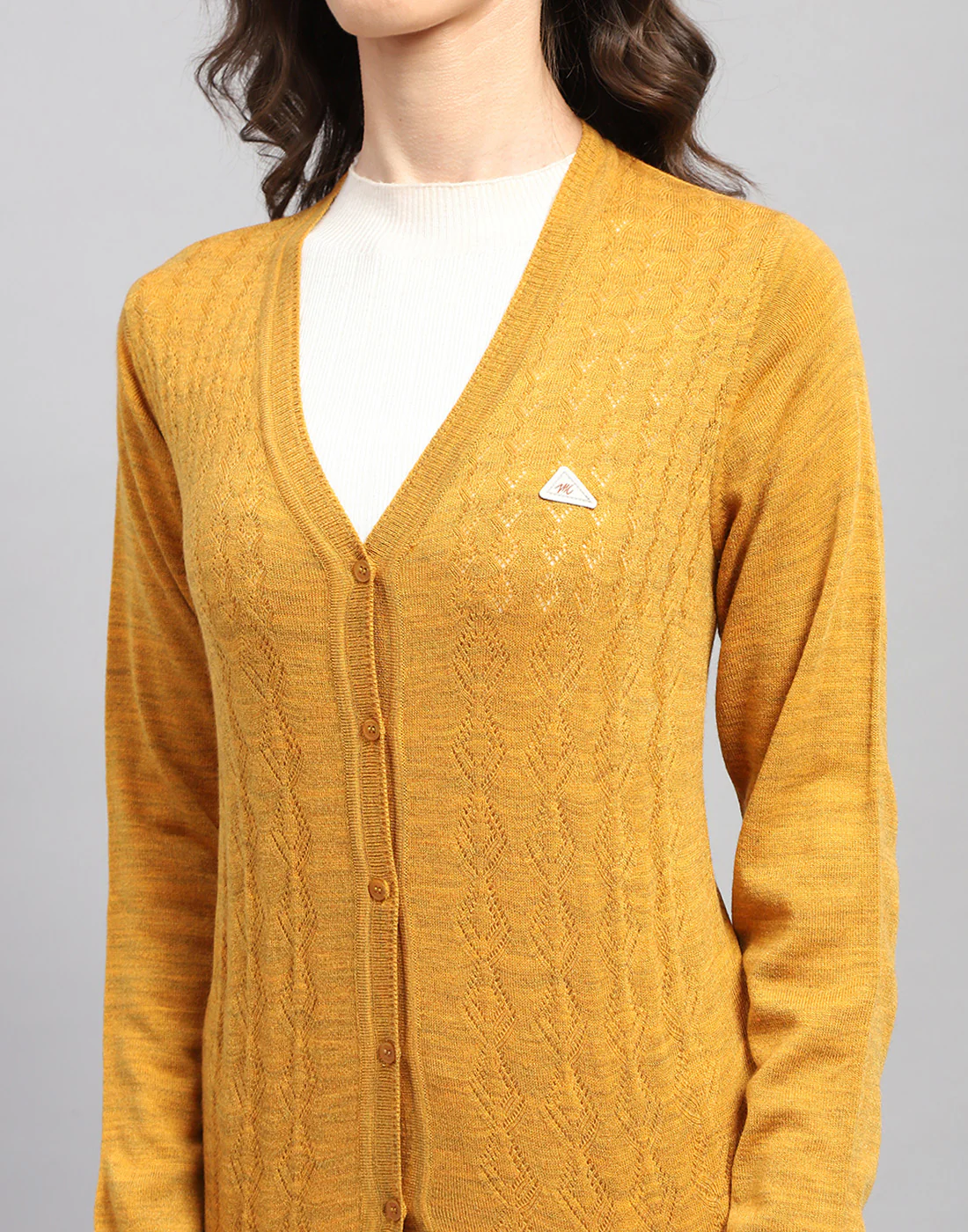 Women Mustard Self Design V Neck Full Sleeve Cardigan - Image 6