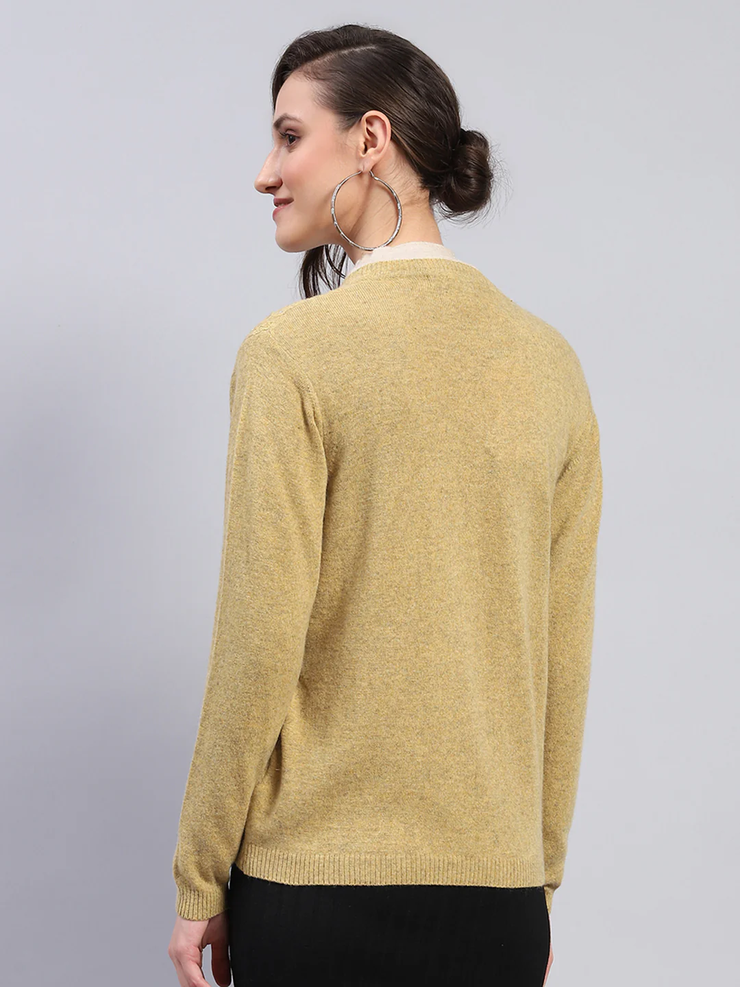 Women Mustard Self Design V Neck Full Sleeve Cardigan - Image 5