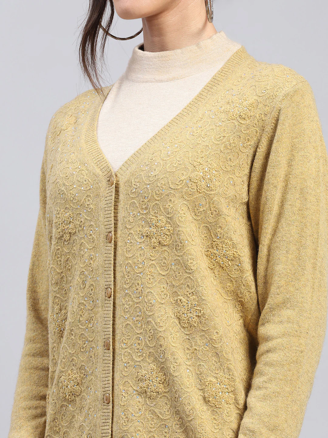 Women Mustard Self Design V Neck Full Sleeve Cardigan - Image 6