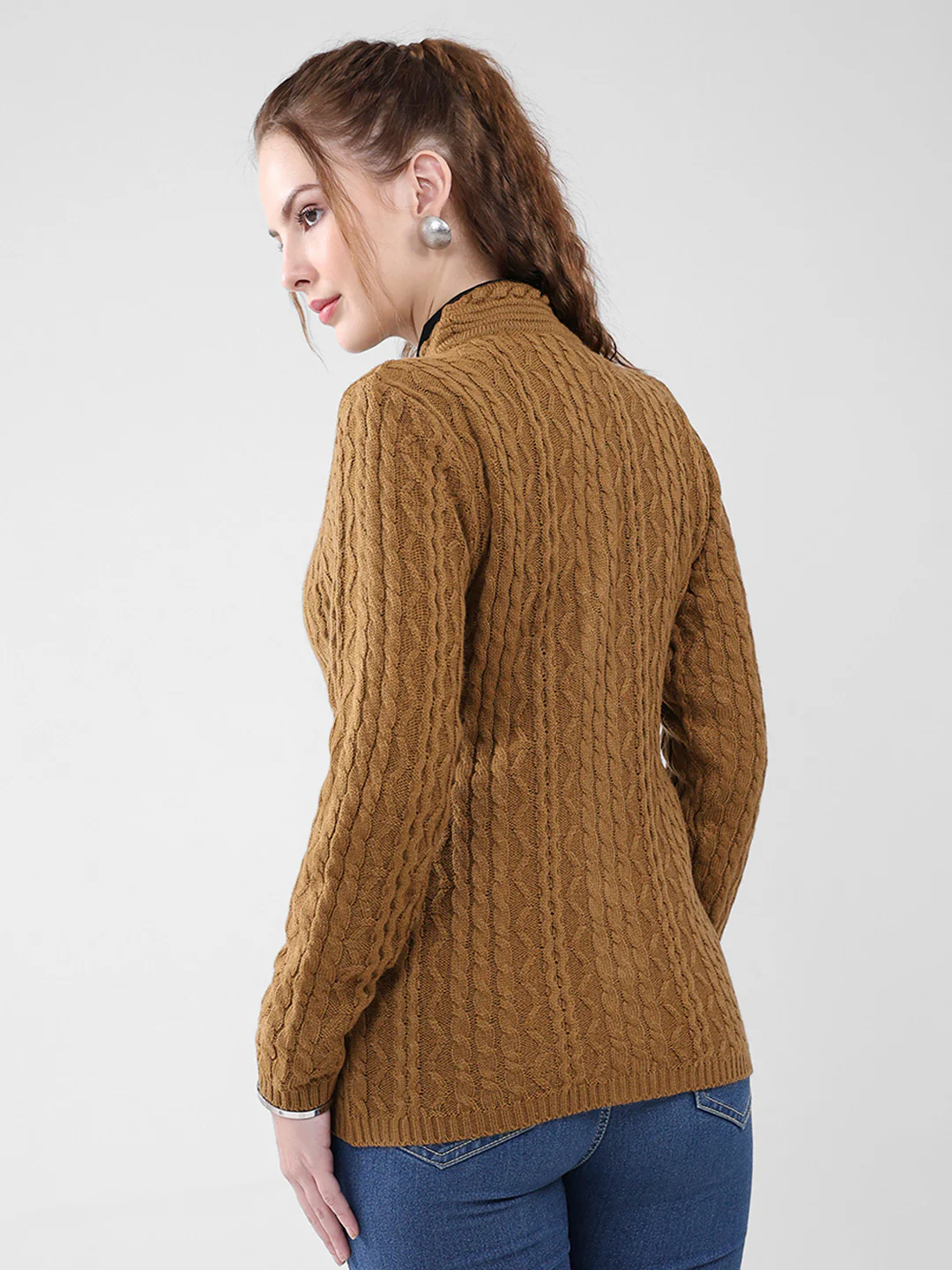 Women Mustard Self Design V Neck Full Sleeve Cardigan - Image 5