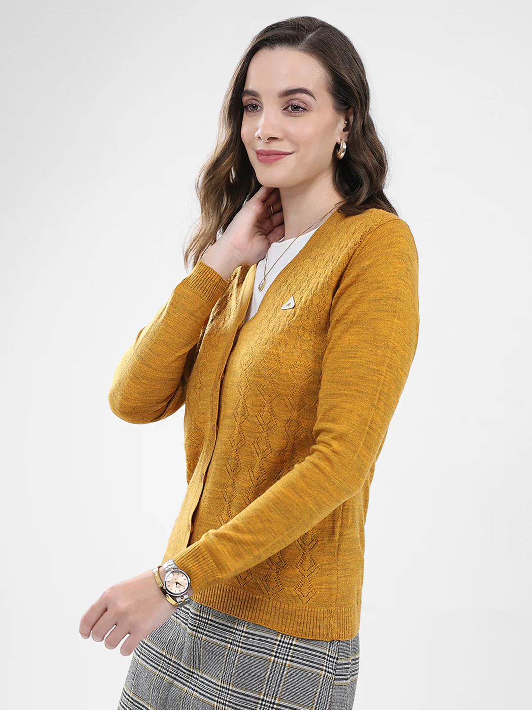 Women Mustard Self Design V Neck Full Sleeve Cardigan - Image 3