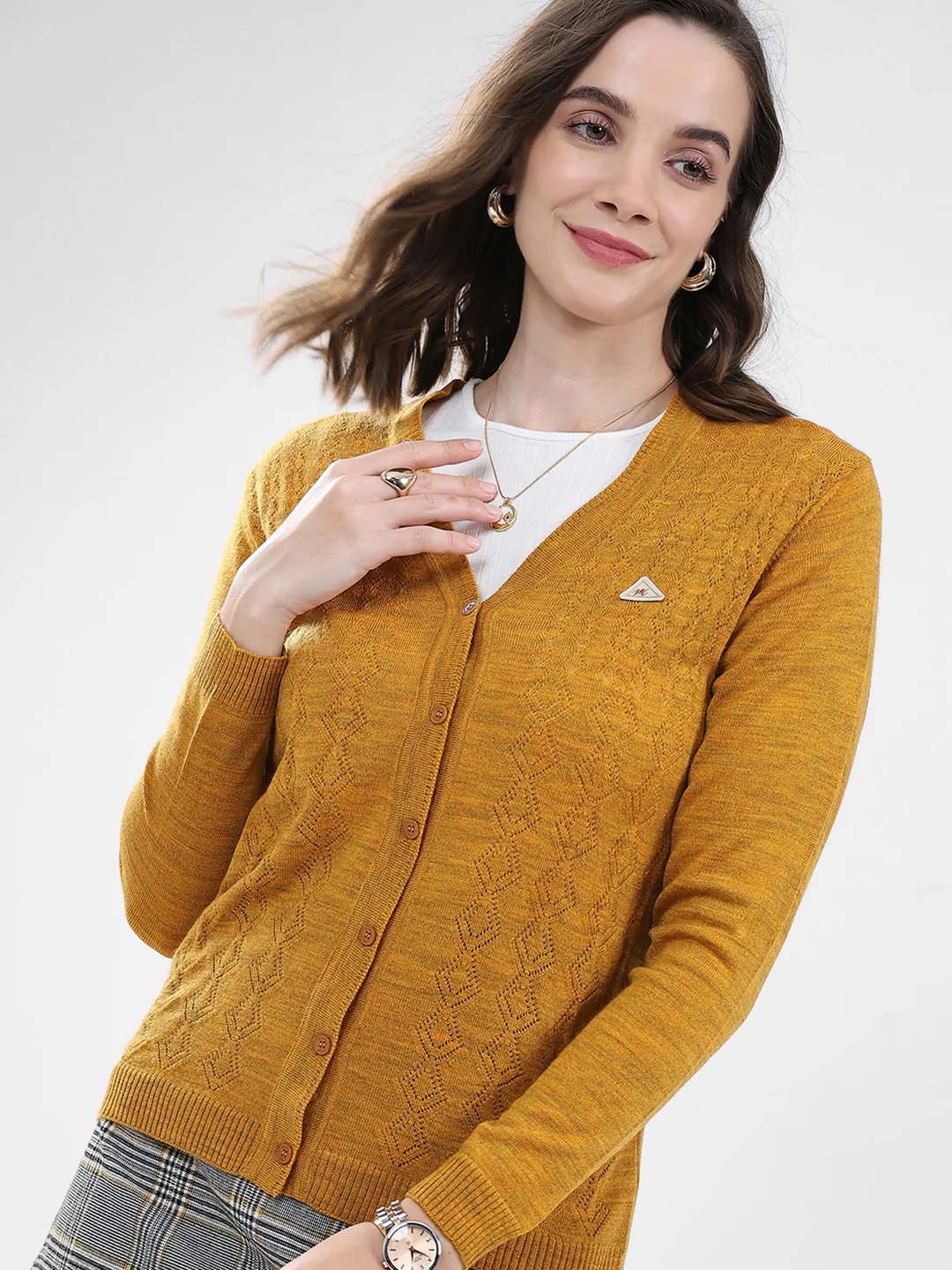Women Mustard Self Design V Neck Full Sleeve Cardigan - Image 7