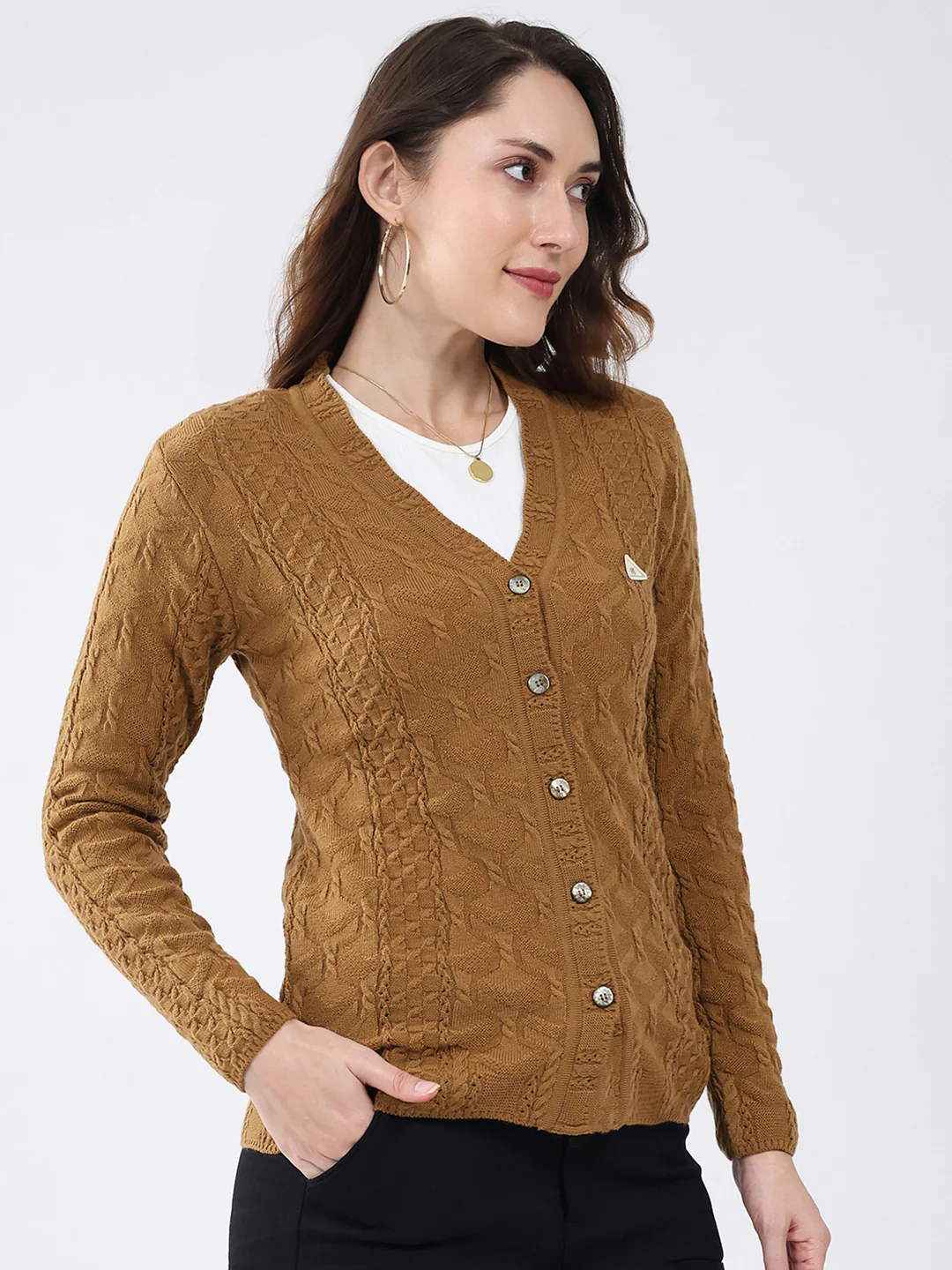 Women Mustard Self Design V Neck Full Sleeve Cardigan - Image 4