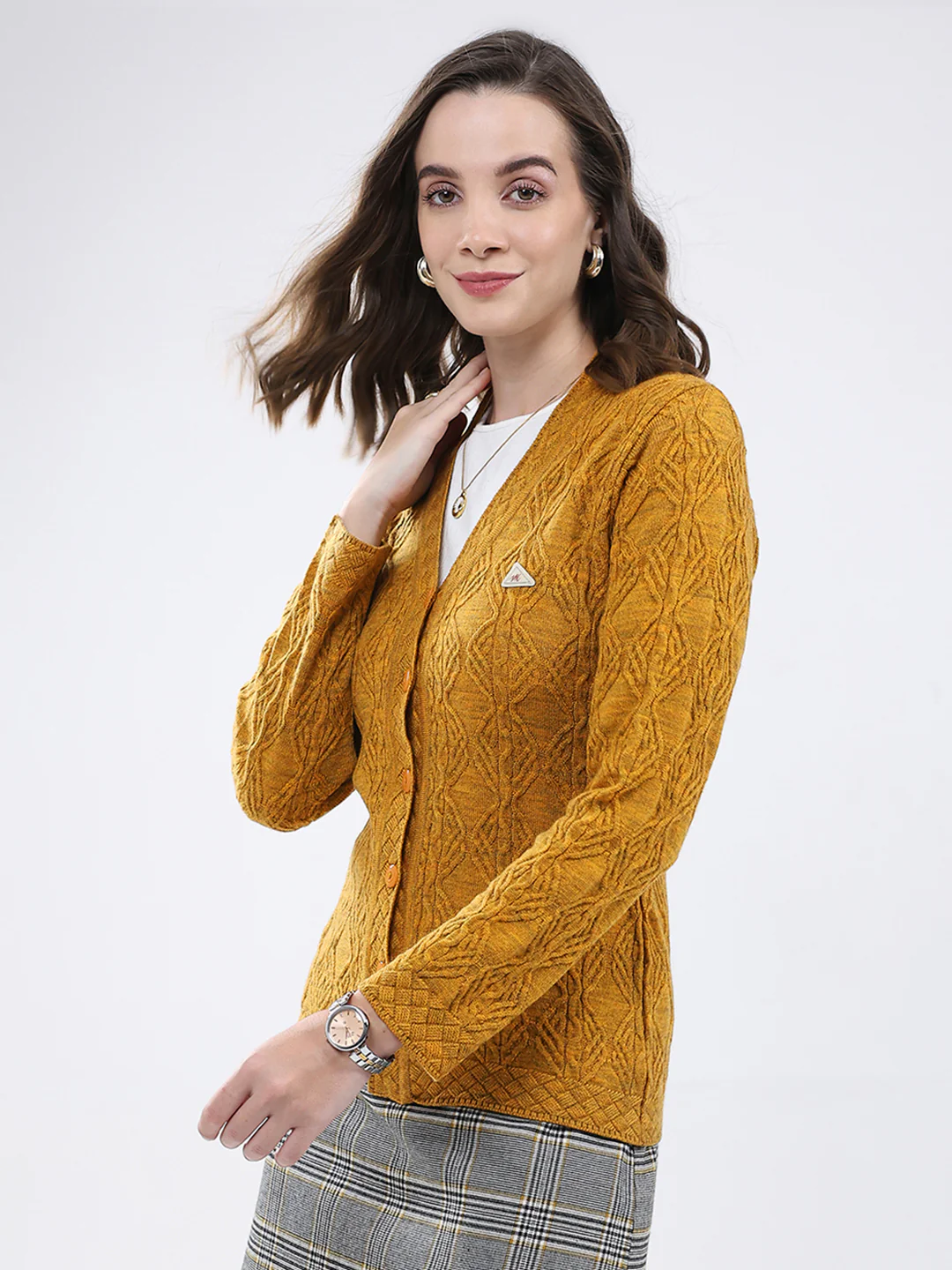 Women Mustard Self Design V Neck Full Sleeve Cardigan - Image 3