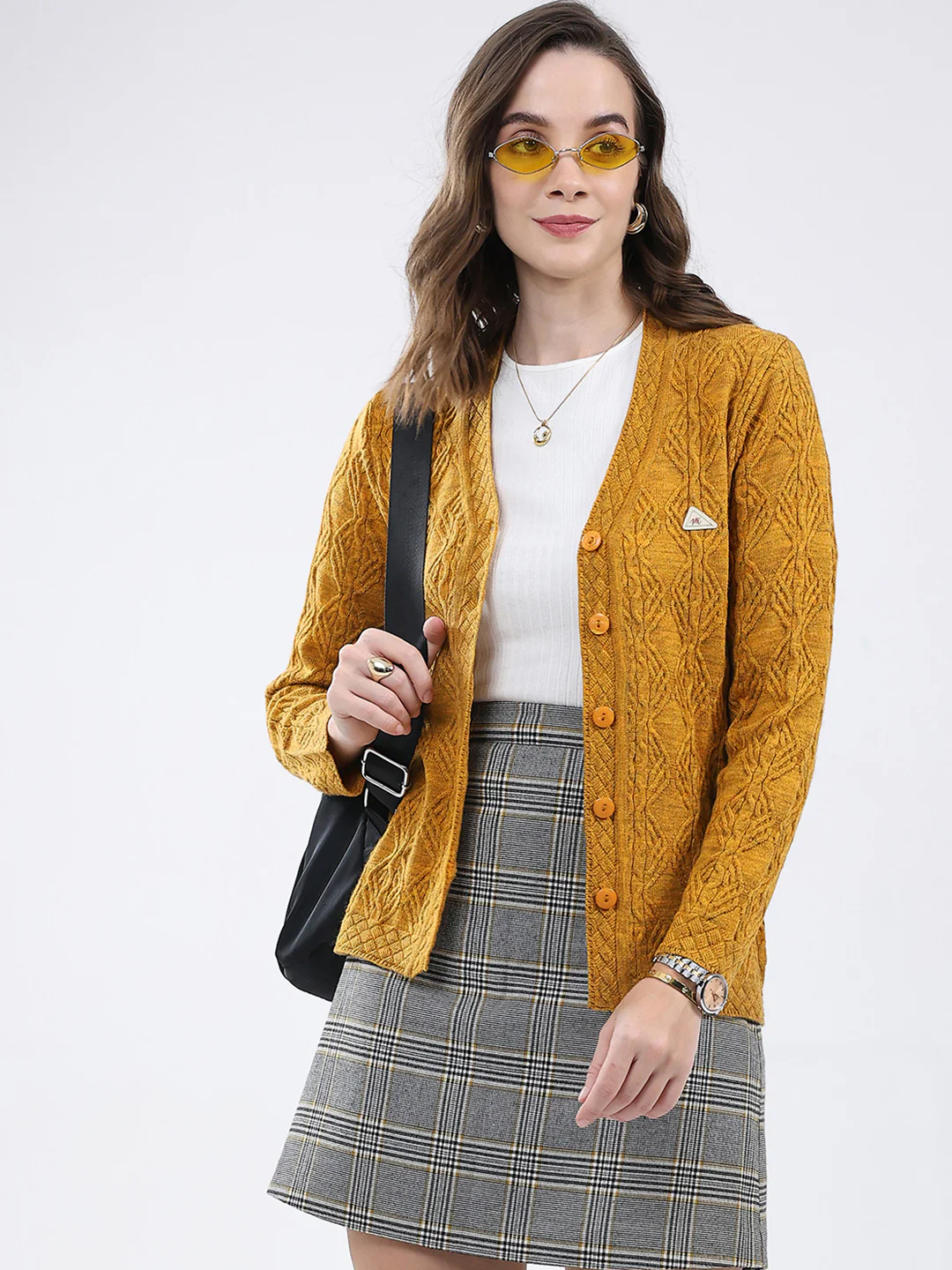 Women Mustard Self Design V Neck Full Sleeve Cardigan - Image 6