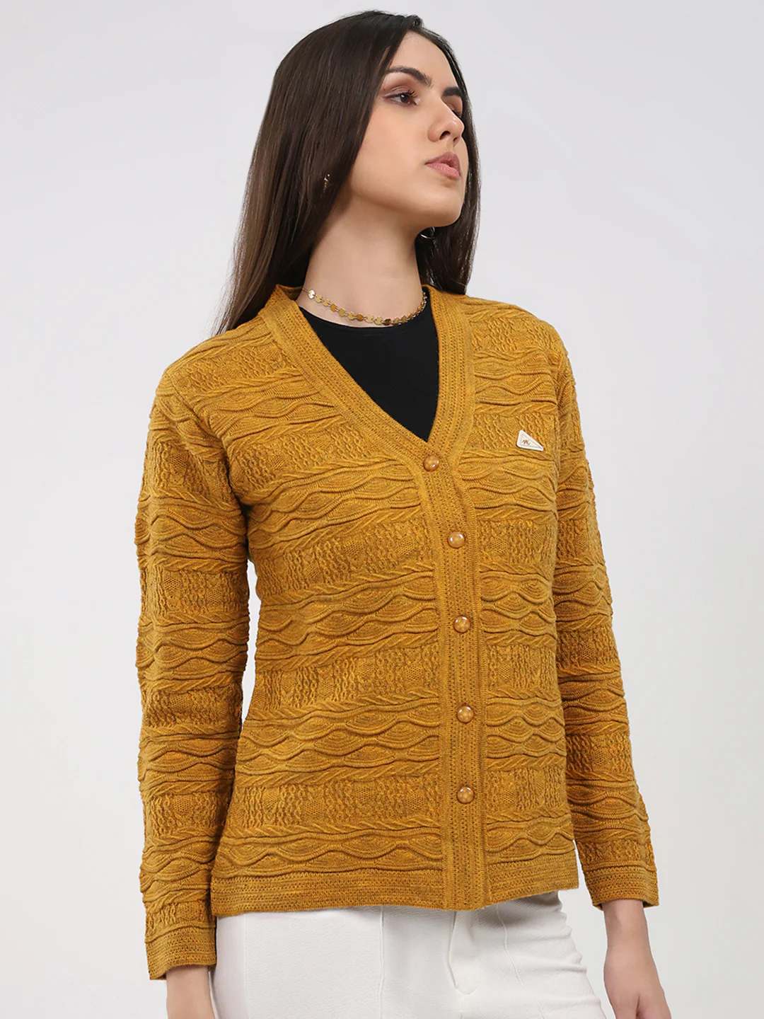 Women Mustard Self Design V Neck Full Sleeve Cardigan - Image 4
