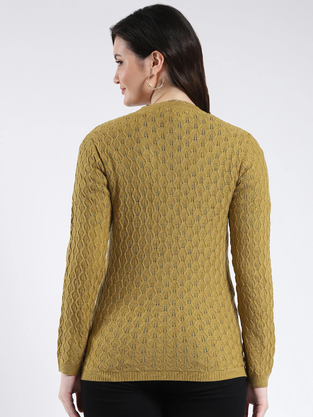 Women Mustard Self Design V Neck Full Sleeve Cardigan - Image 5
