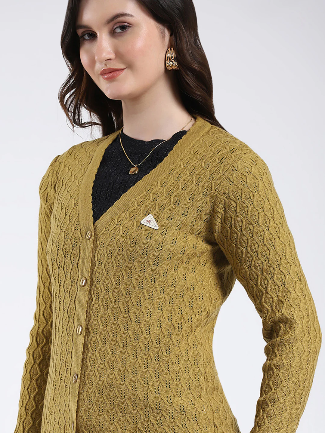 Women Mustard Self Design V Neck Full Sleeve Cardigan - Image 7