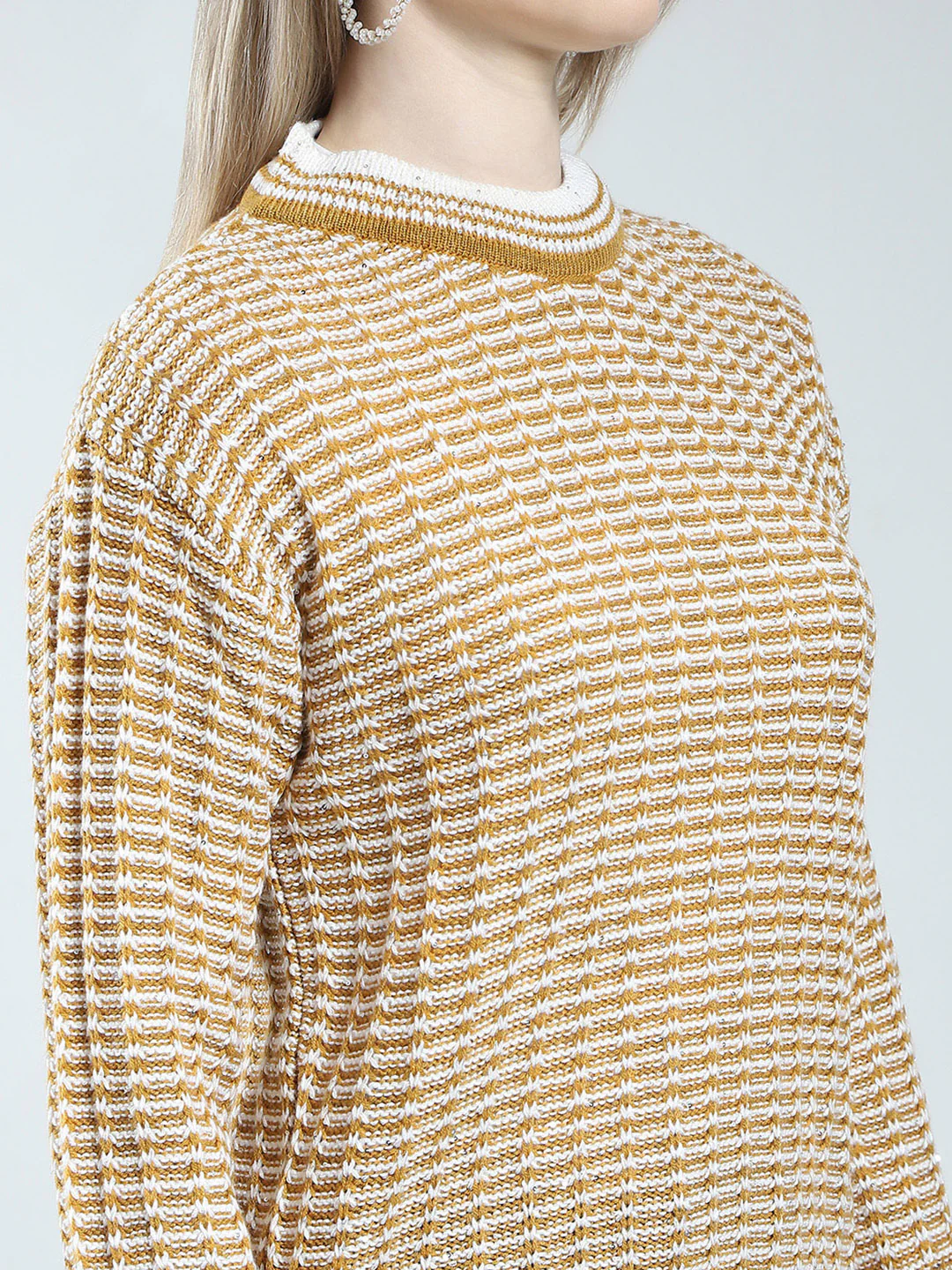 Women Mustard Self Design Round Neck Full Sleeve Winter Top - Image 6
