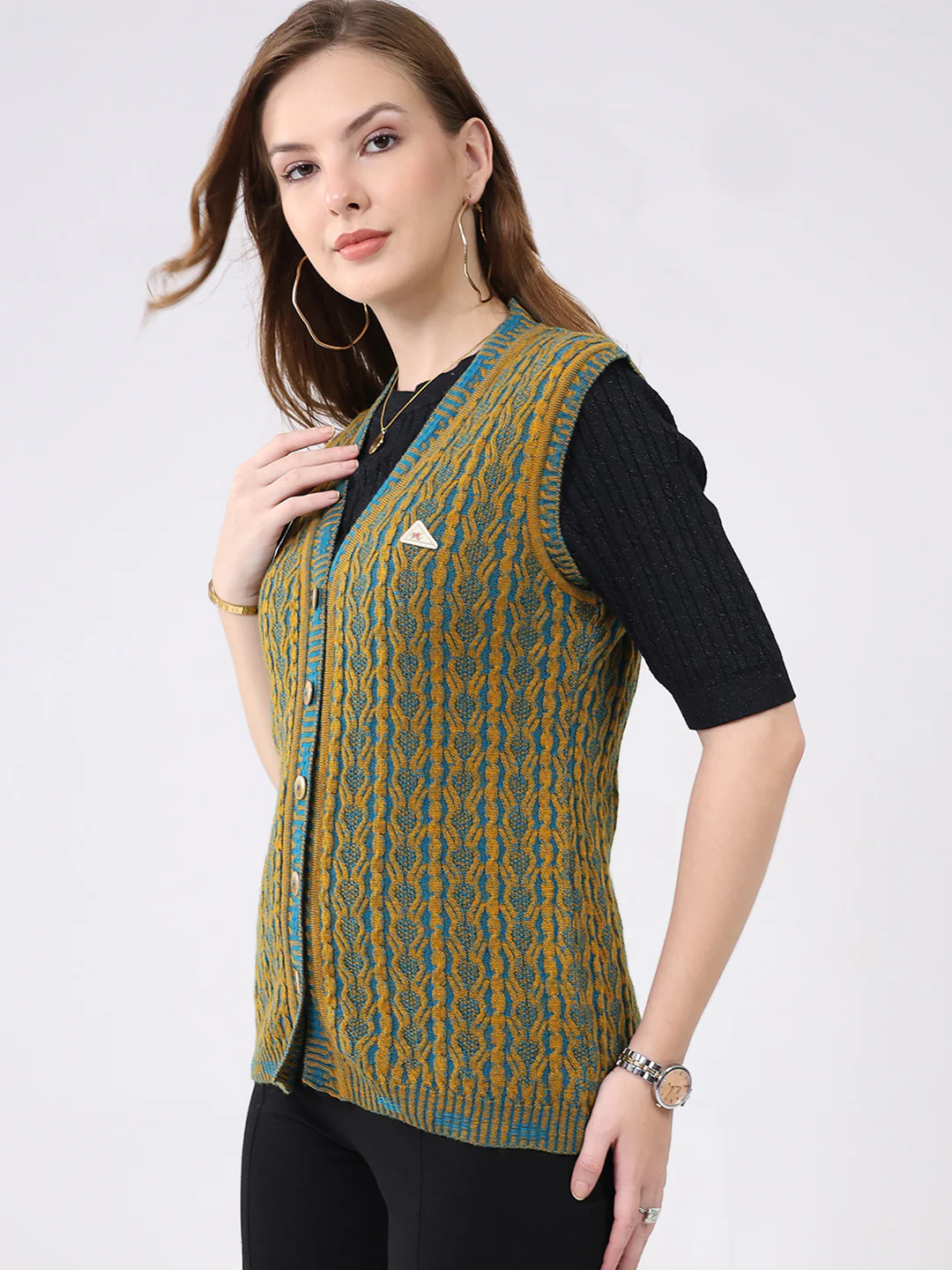 Women Mustard Self Design V Neck Sleeveless Cardigan - Image 3
