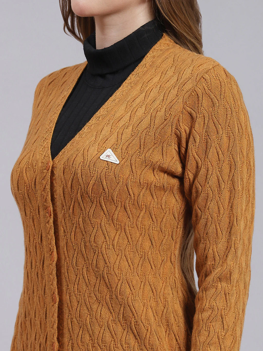 Women Mustard Self Design Wool blend Cardigan - Image 6