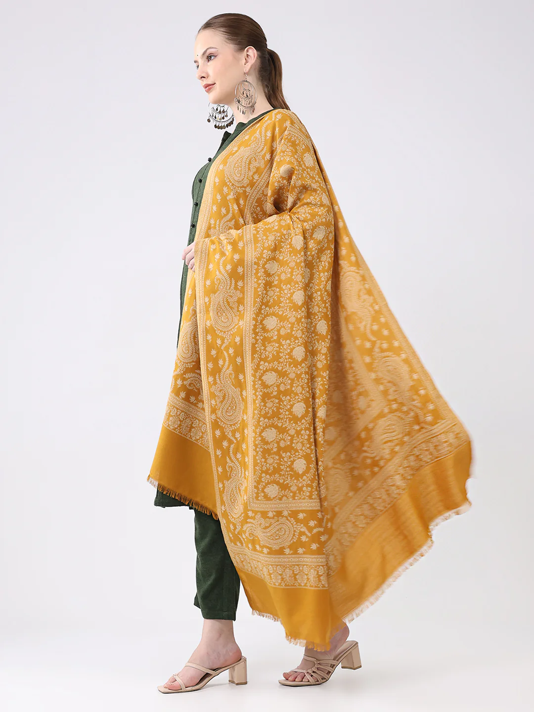 Women Mustard Self Design Wool Shawl - Image 2