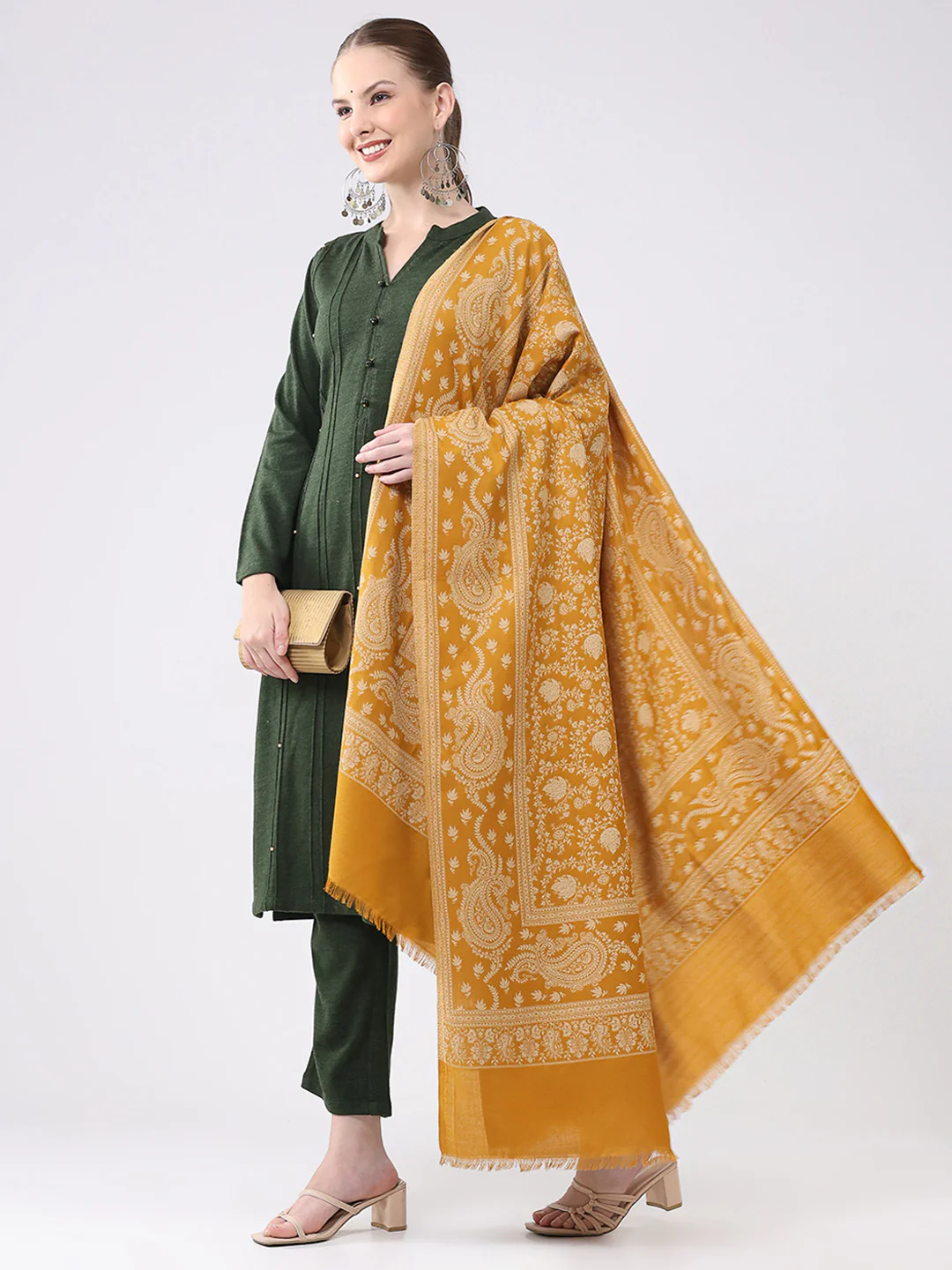 Women Mustard Self Design Wool Shawl - Image 3
