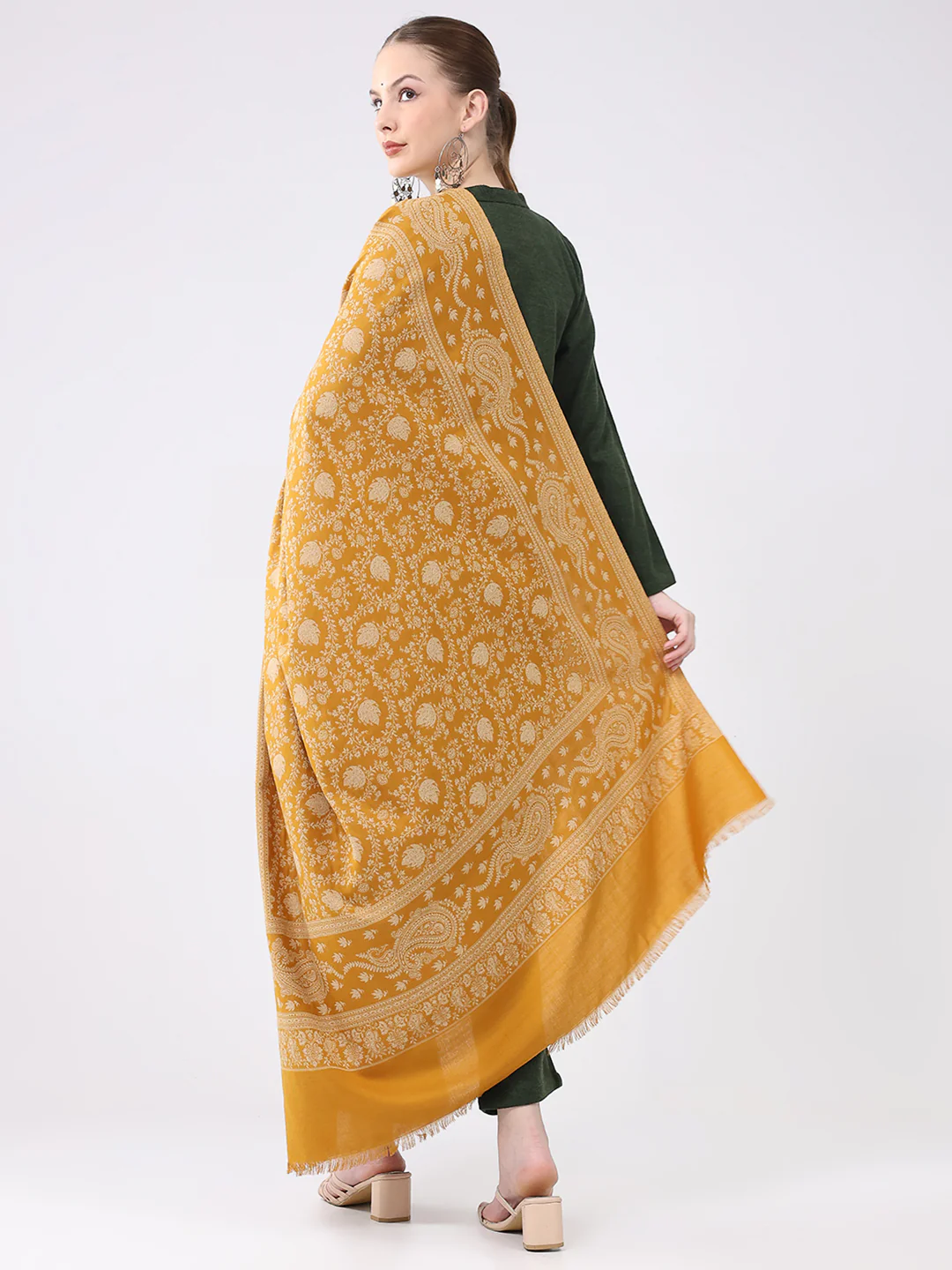 Women Mustard Self Design Wool Shawl - Image 5