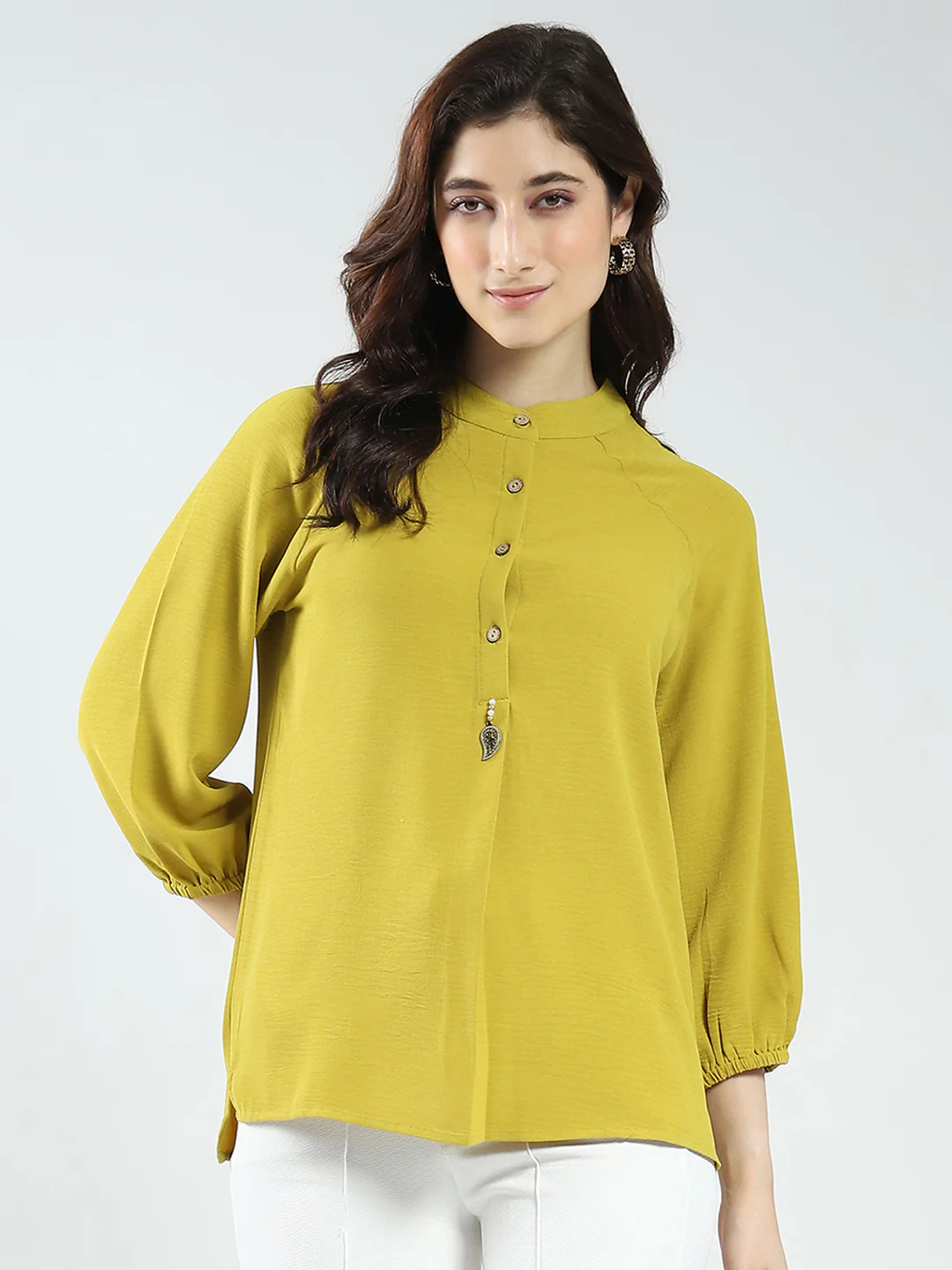 Women Mustard Solid Band Neck 3/4th Sleeve Top - Image 3