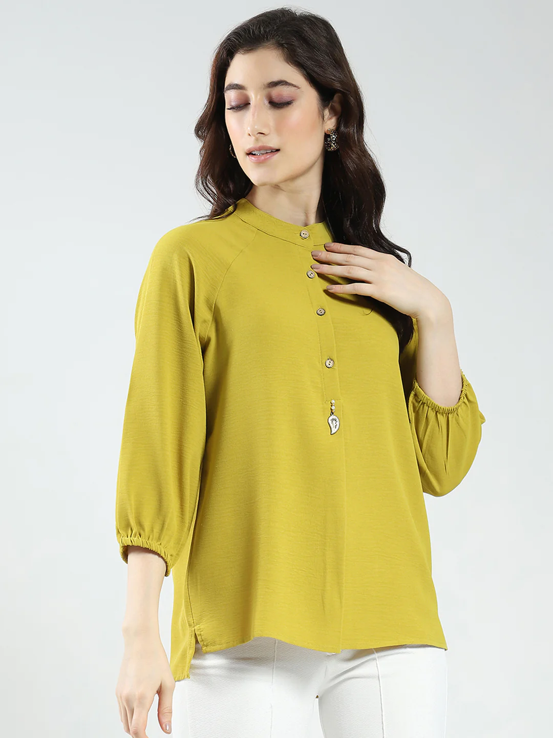 Women Mustard Solid Band Neck 3/4th Sleeve Top - Image 5