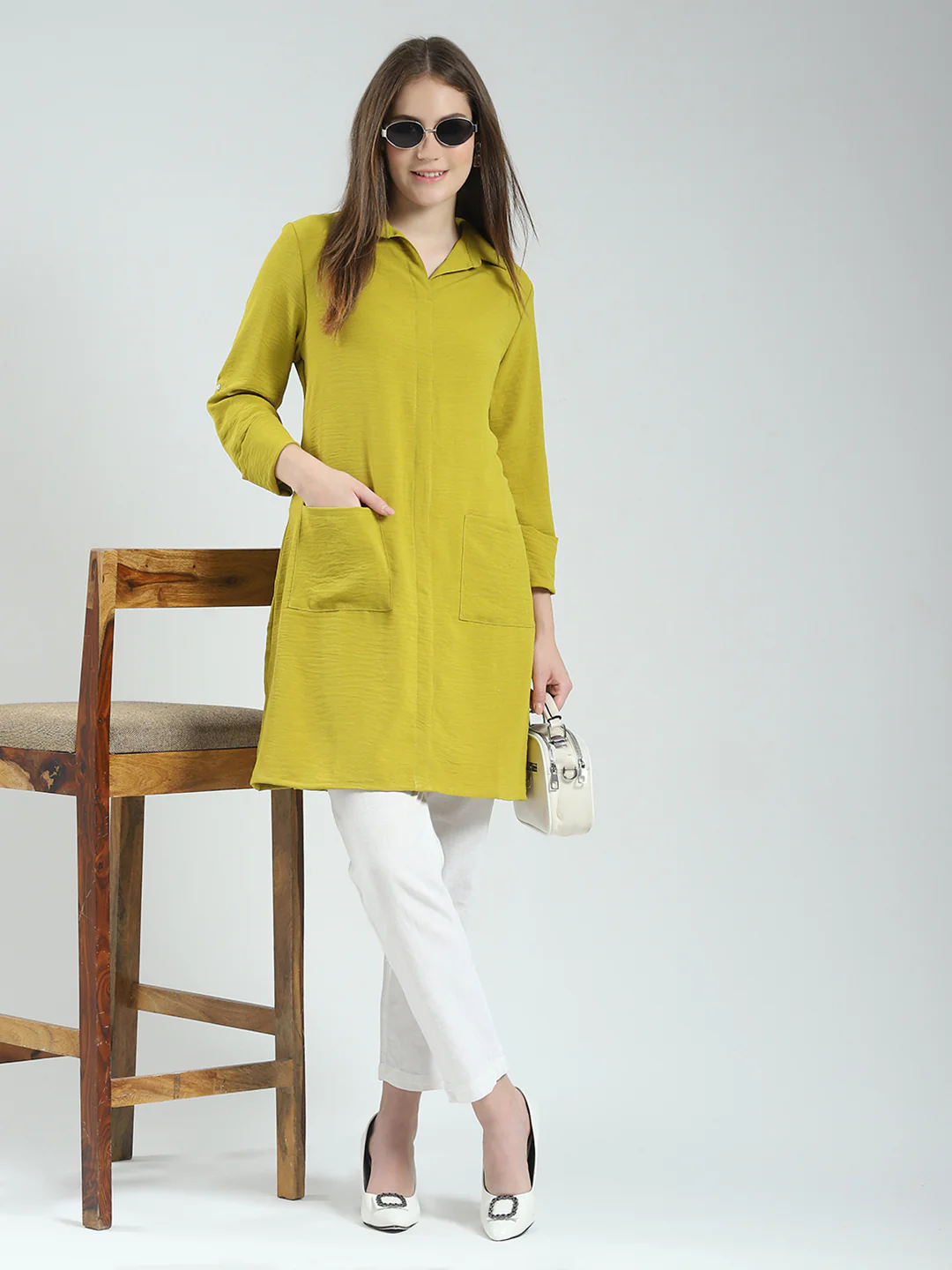 Women Mustard Solid Collar 3/4th Sleeve Tunic - Image 2