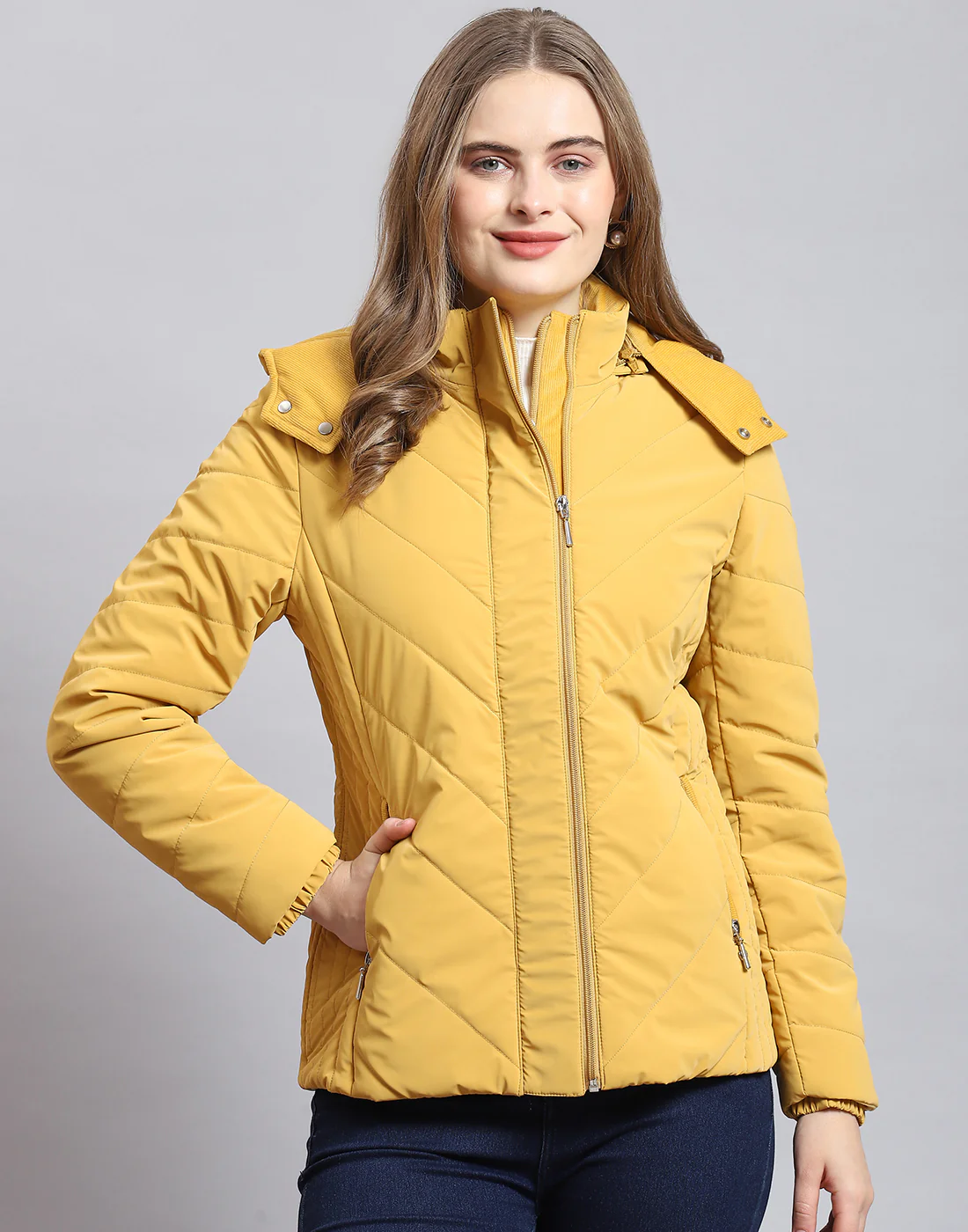 Women Mustard Solid Hooded Full Sleeve Jacket - Image 2