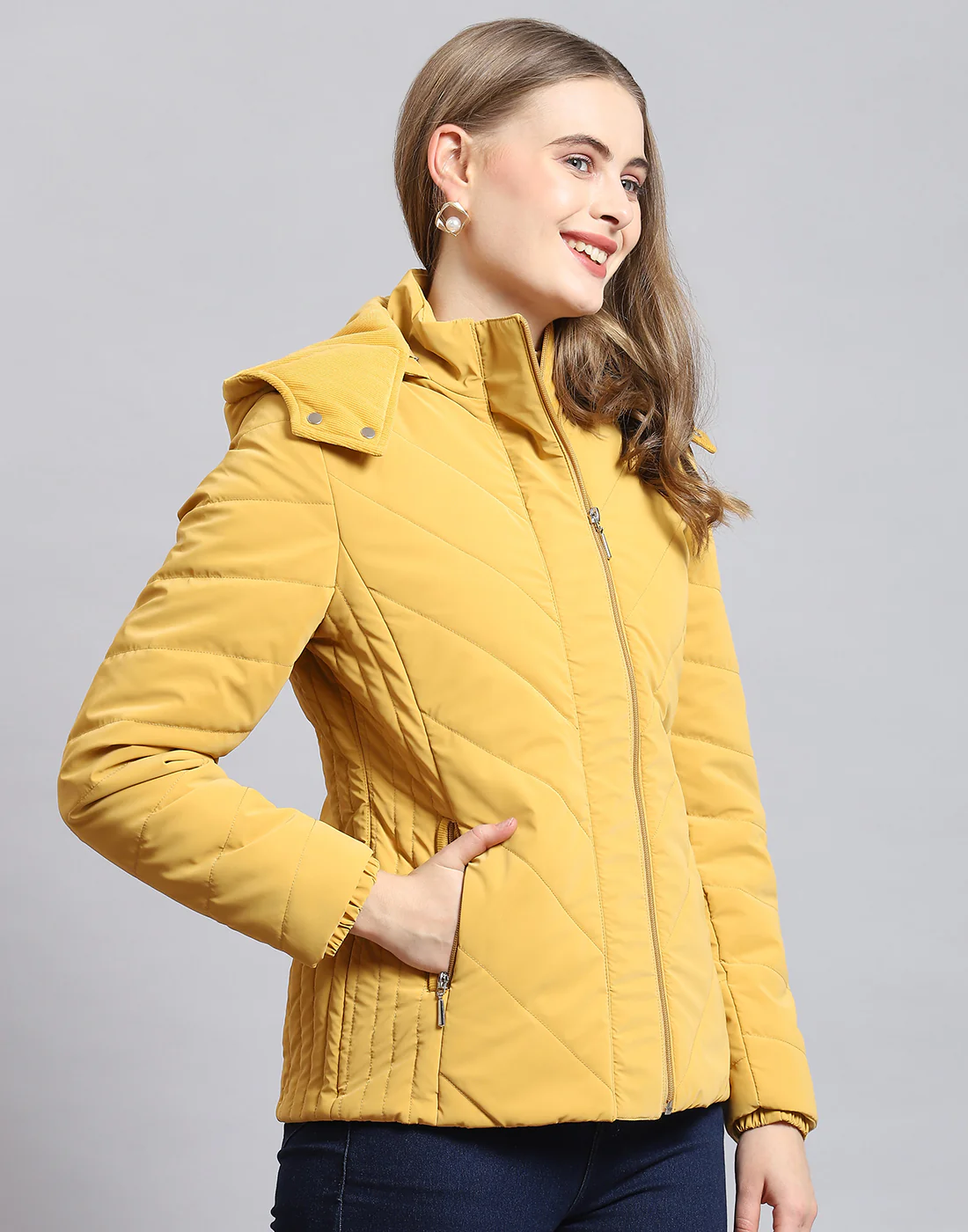 Women Mustard Solid Hooded Full Sleeve Jacket - Image 4