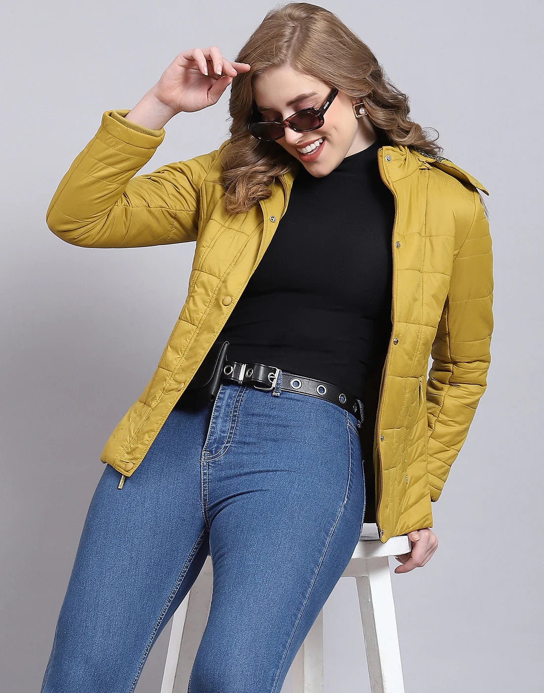 Women Mustard Solid Hooded Full Sleeve Jacket - Image 2