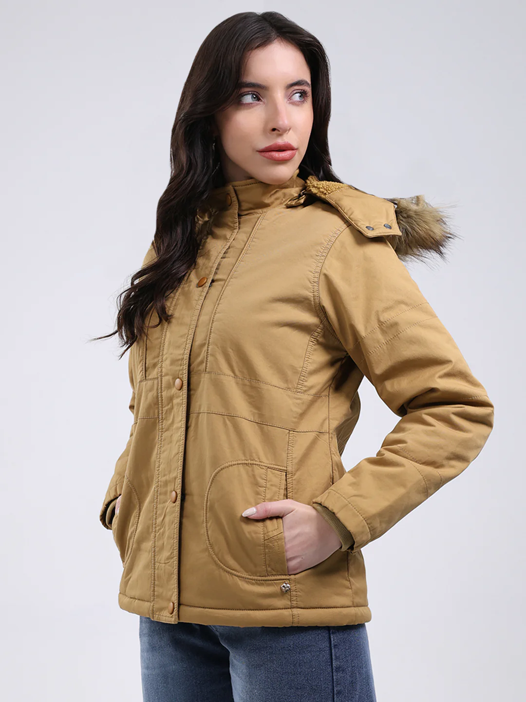 Women Mustard Solid Hooded Full Sleeve Jacket - Image 3