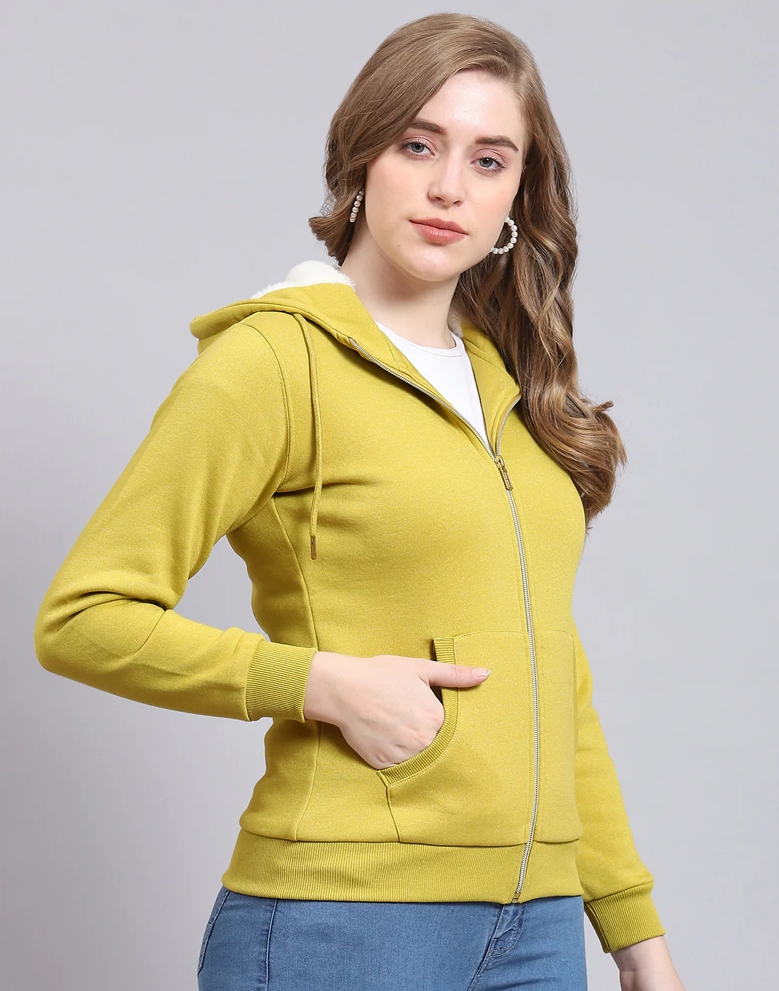 Women Mustard Solid Hooded Full Sleeve Sweatshirt - Image 4