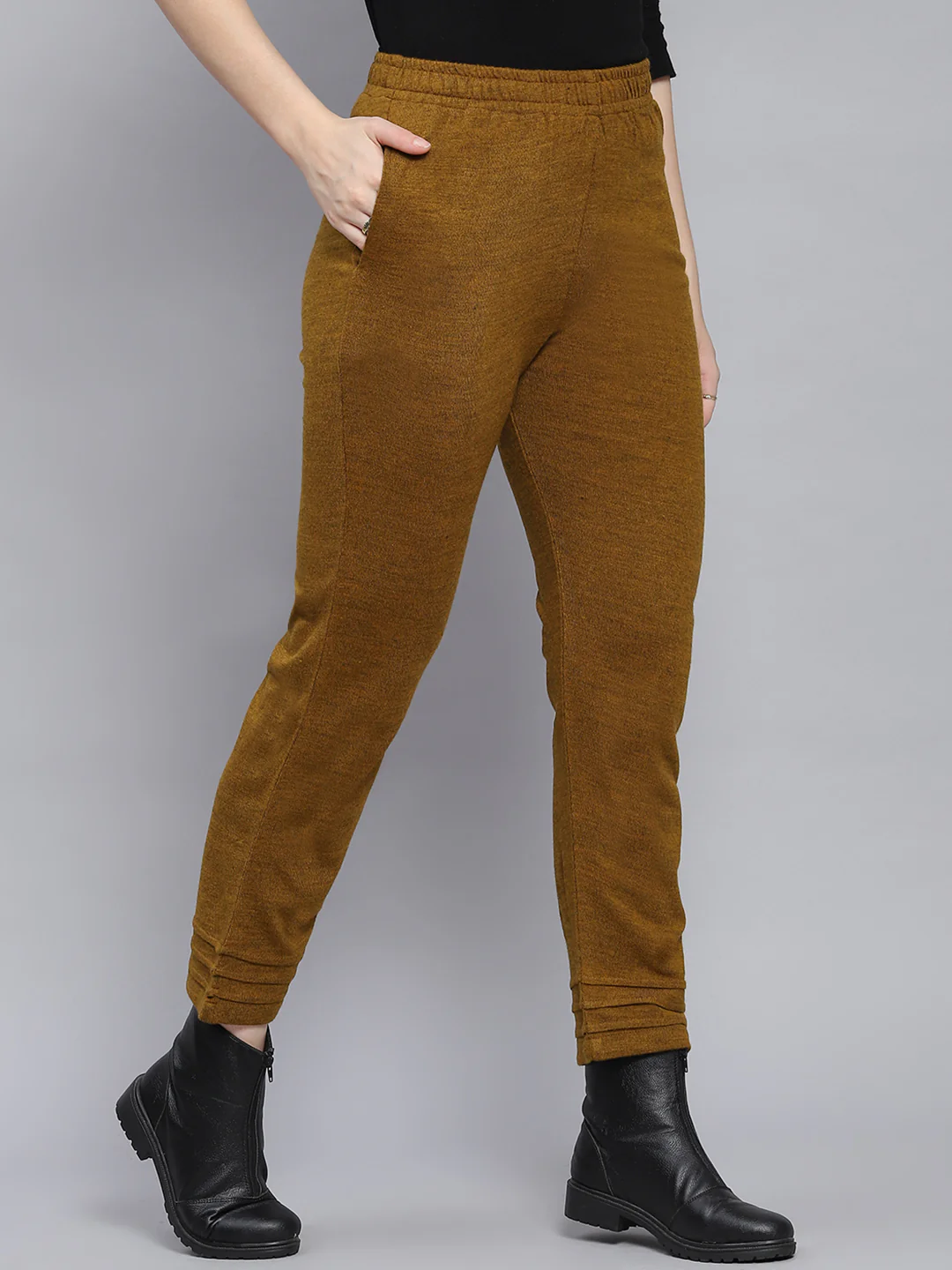 Women Mustard Solid Regular Fit Winter Lowers - Image 4