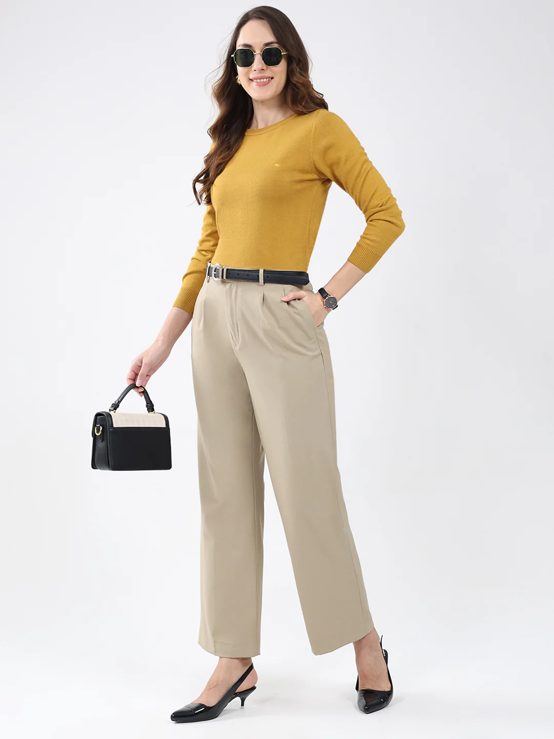 Women Mustard Solid Round Neck Full Sleeve Winter Top - Image 2