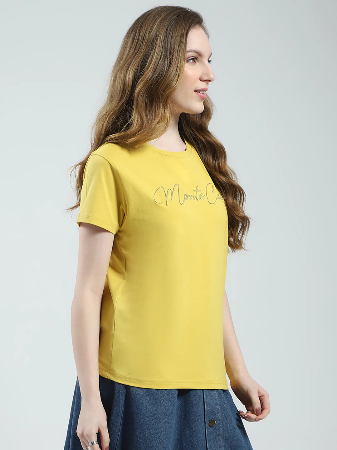 Women Mustard Solid Round Neck Half Sleeve Top - Image 4