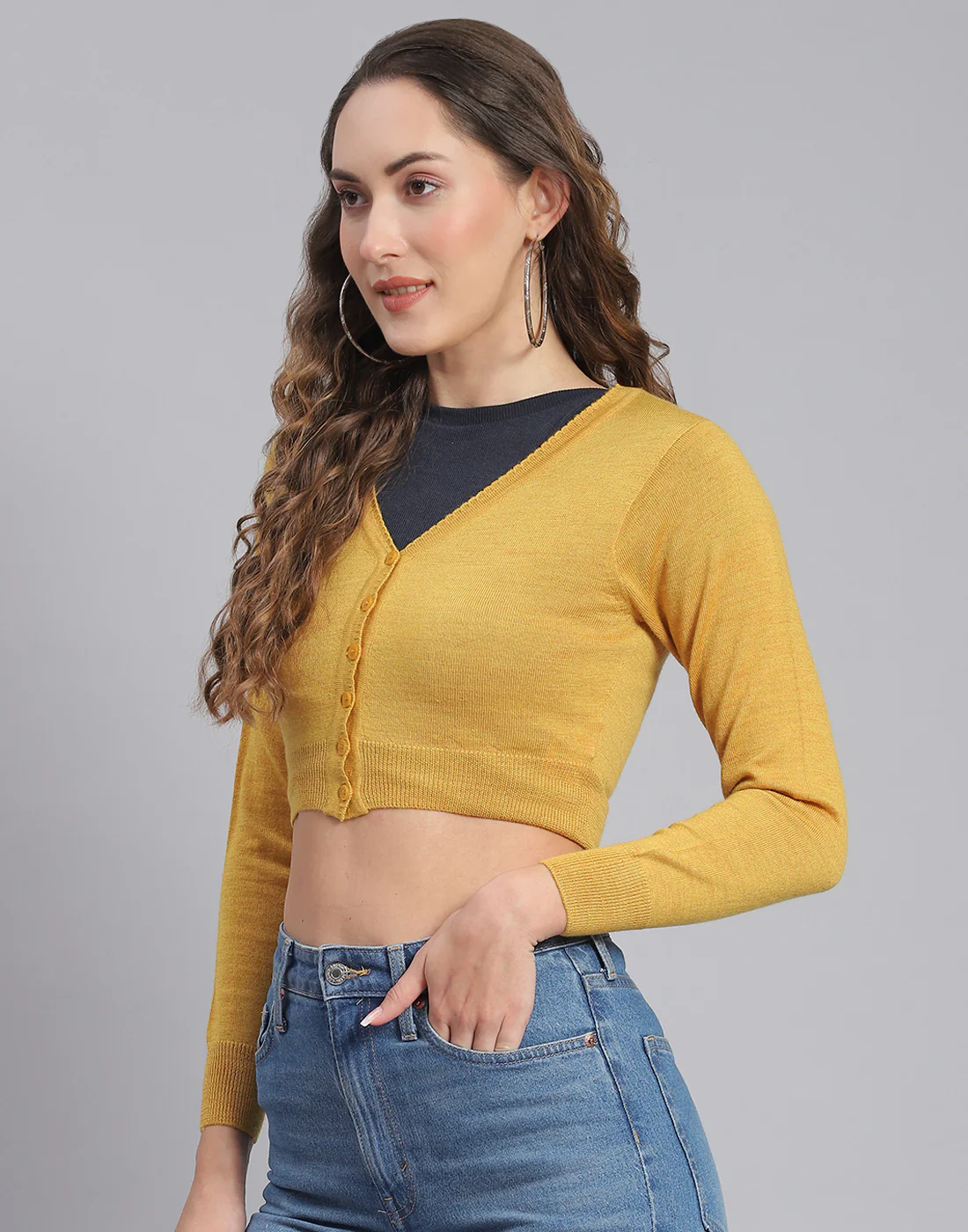 Women Mustard Solid V Neck Full Sleeve Blouse - Image 3