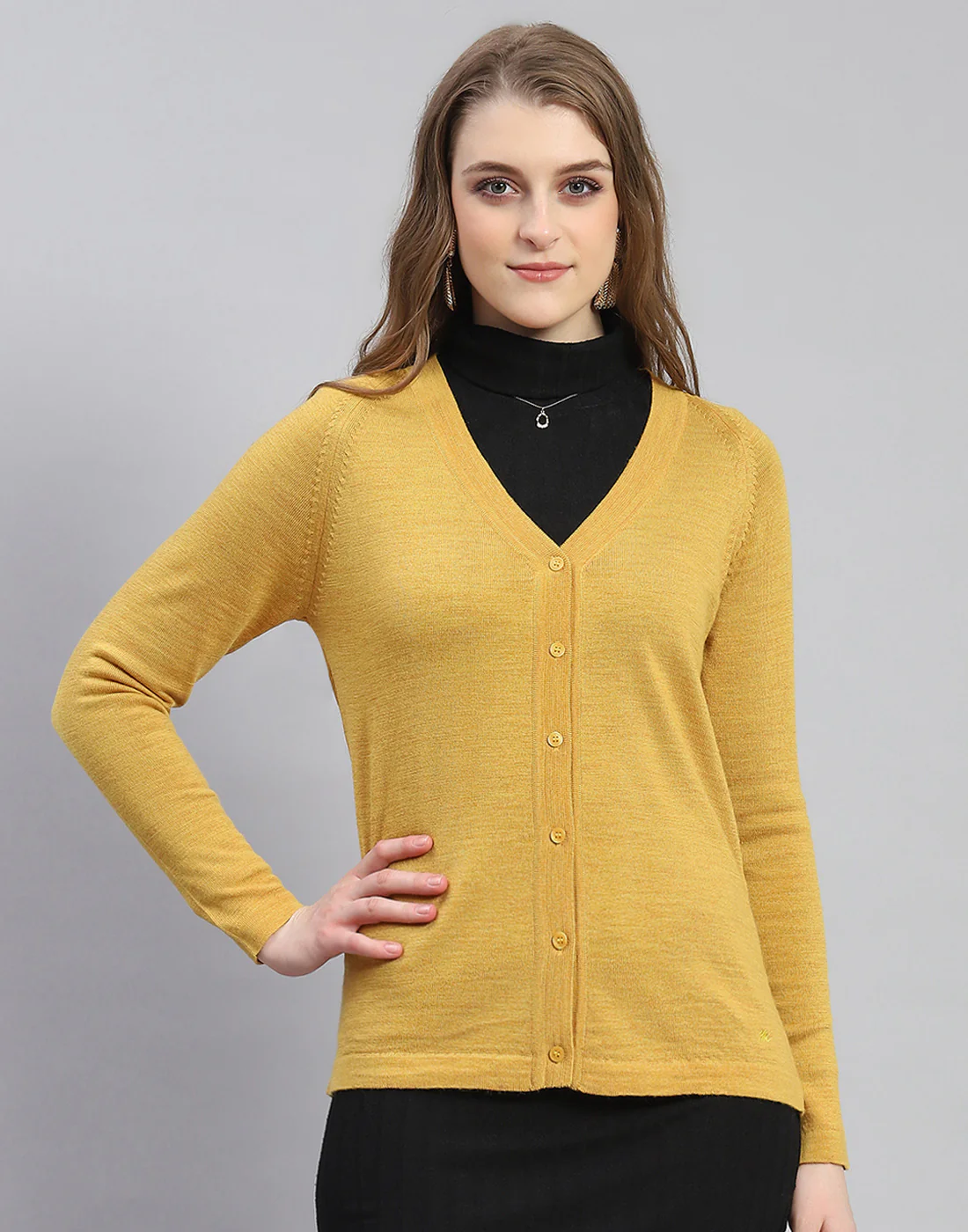 Women Mustard Solid V Neck Full Sleeve Cardigan - Image 2