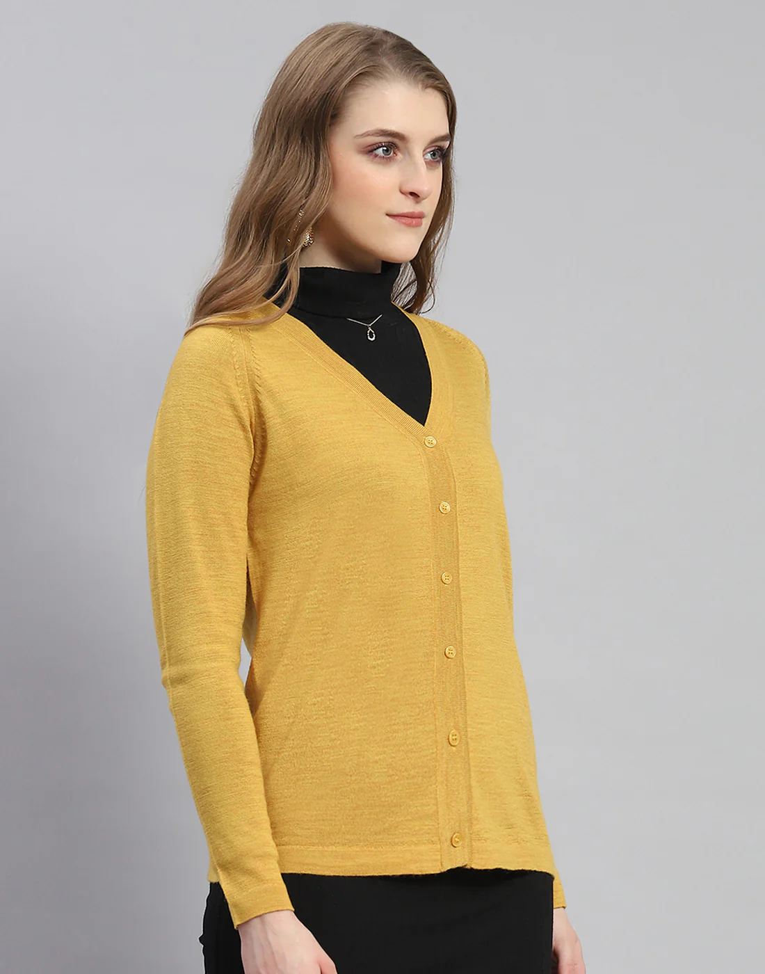 Women Mustard Solid V Neck Full Sleeve Cardigan - Image 4