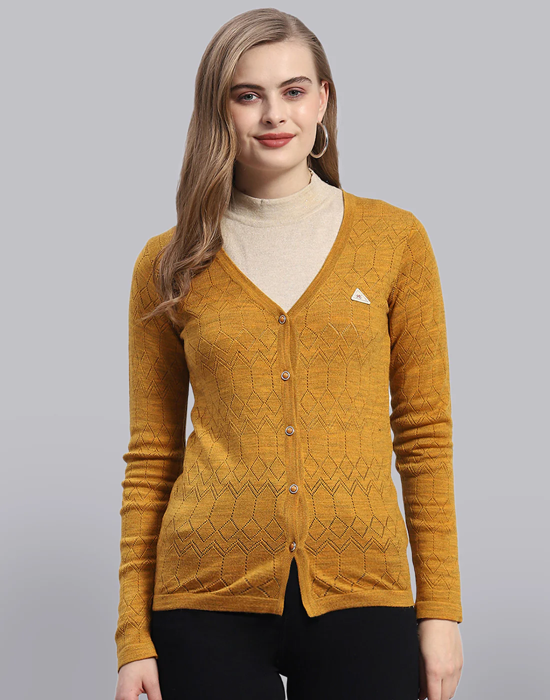 Women Mustard Solid V Neck Full Sleeve Cardigan - Image 3