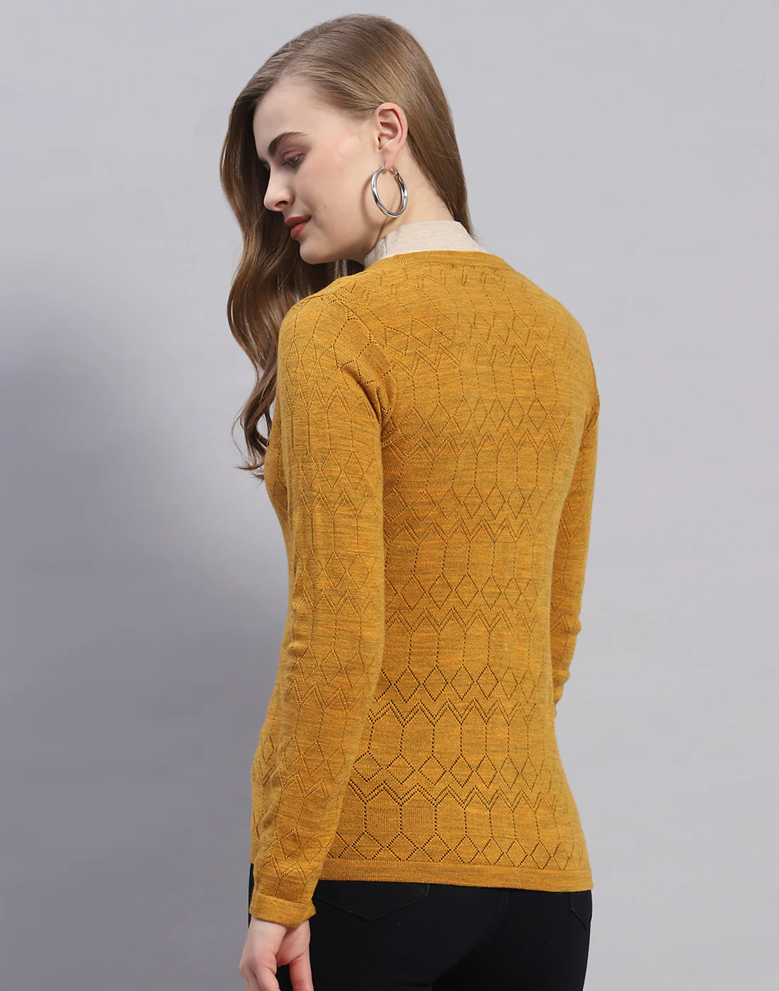 Women Mustard Solid V Neck Full Sleeve Cardigan - Image 5