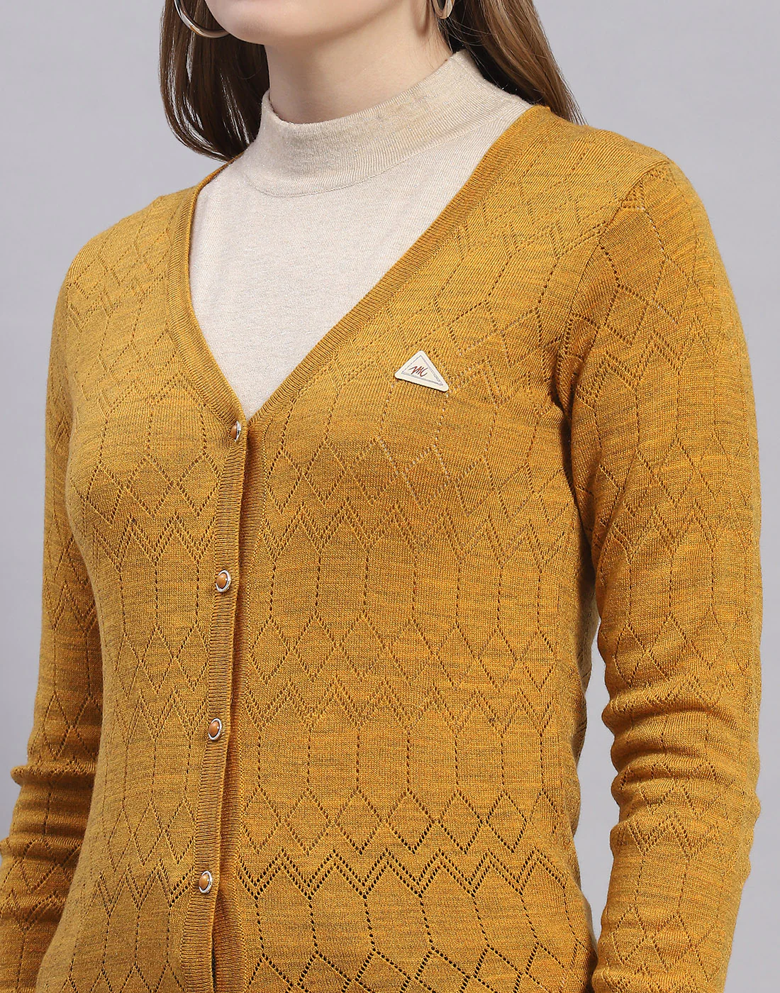 Women Mustard Solid V Neck Full Sleeve Cardigan - Image 6