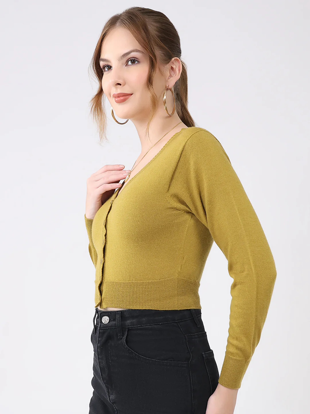 Women Mustard Solid V Neck Full Sleeve Cardigan - Image 3