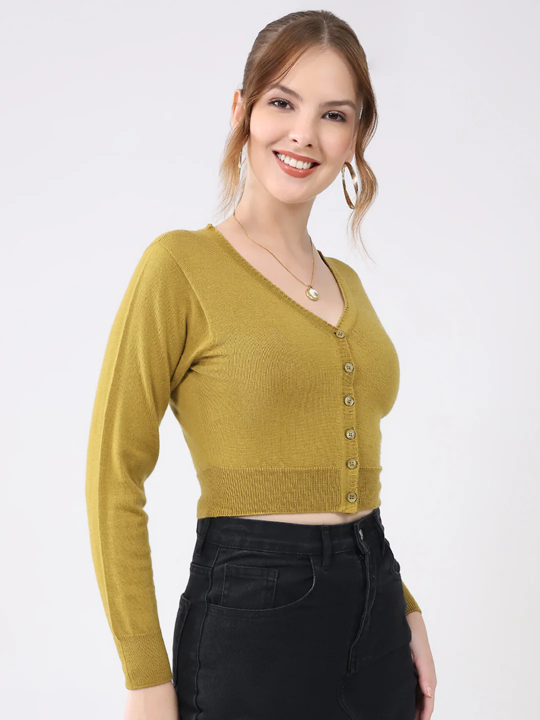 Women Mustard Solid V Neck Full Sleeve Cardigan - Image 4