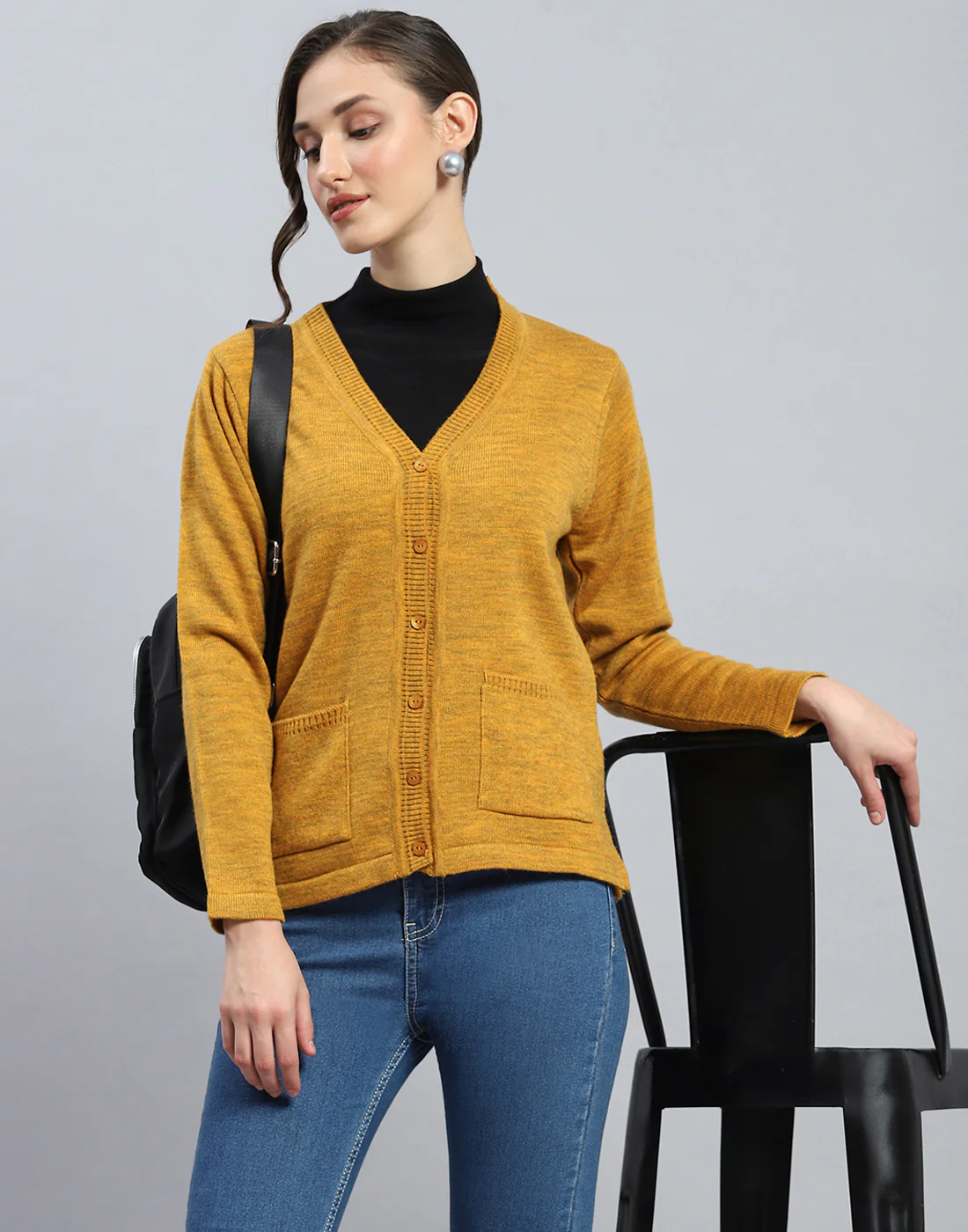 Women Mustard Solid V Neck Full Sleeve Cardigan - Image 7