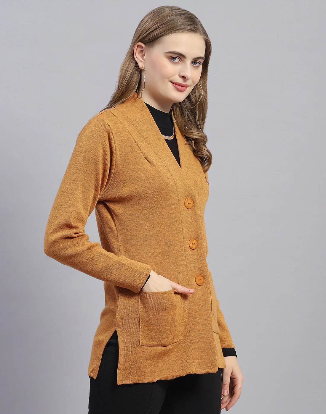 Women Mustard Solid V Neck Full Sleeve Cardigan - Image 4