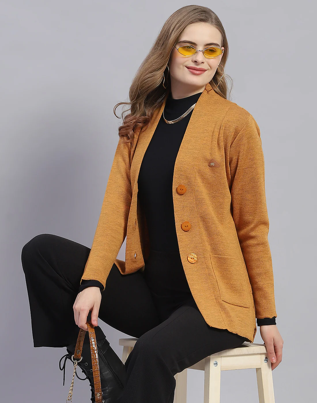 Women Mustard Solid V Neck Full Sleeve Cardigan - Image 6