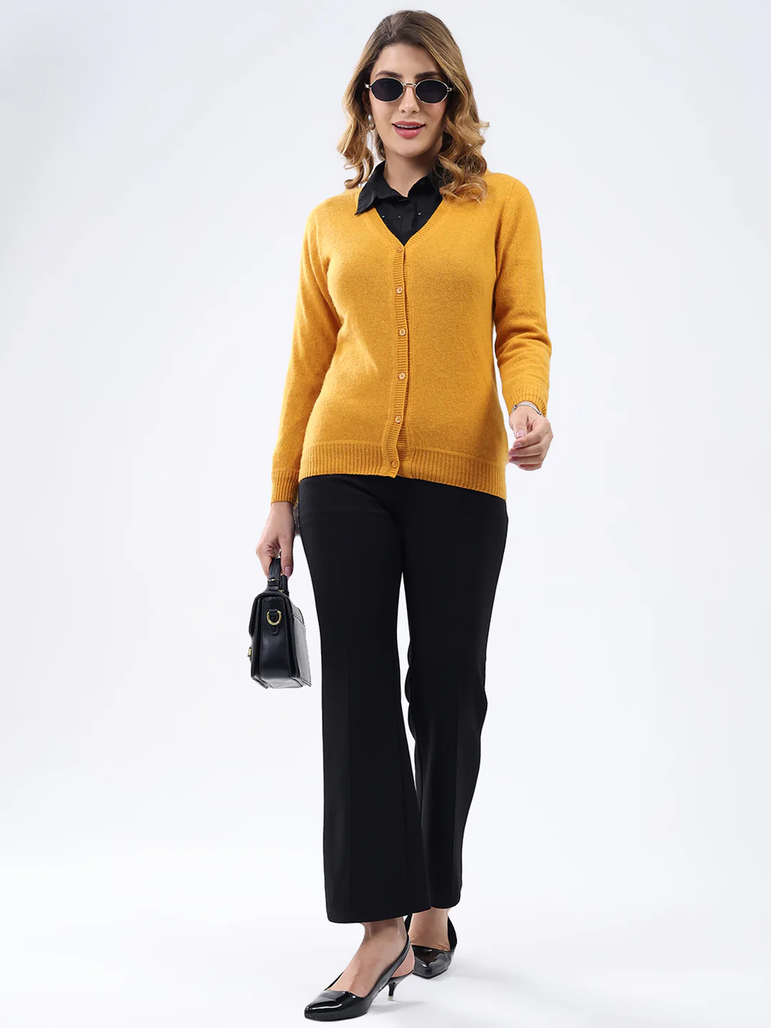 Women Mustard Solid V Neck Full Sleeve Cardigan - Image 2