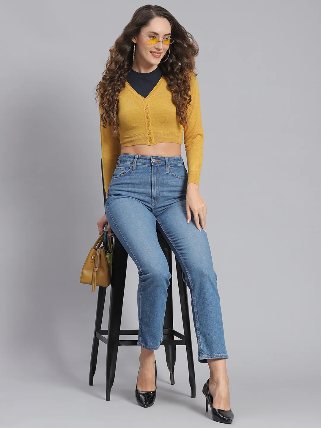 Women Mustard Solid V Neck Full Sleeve Sweater - Image 2