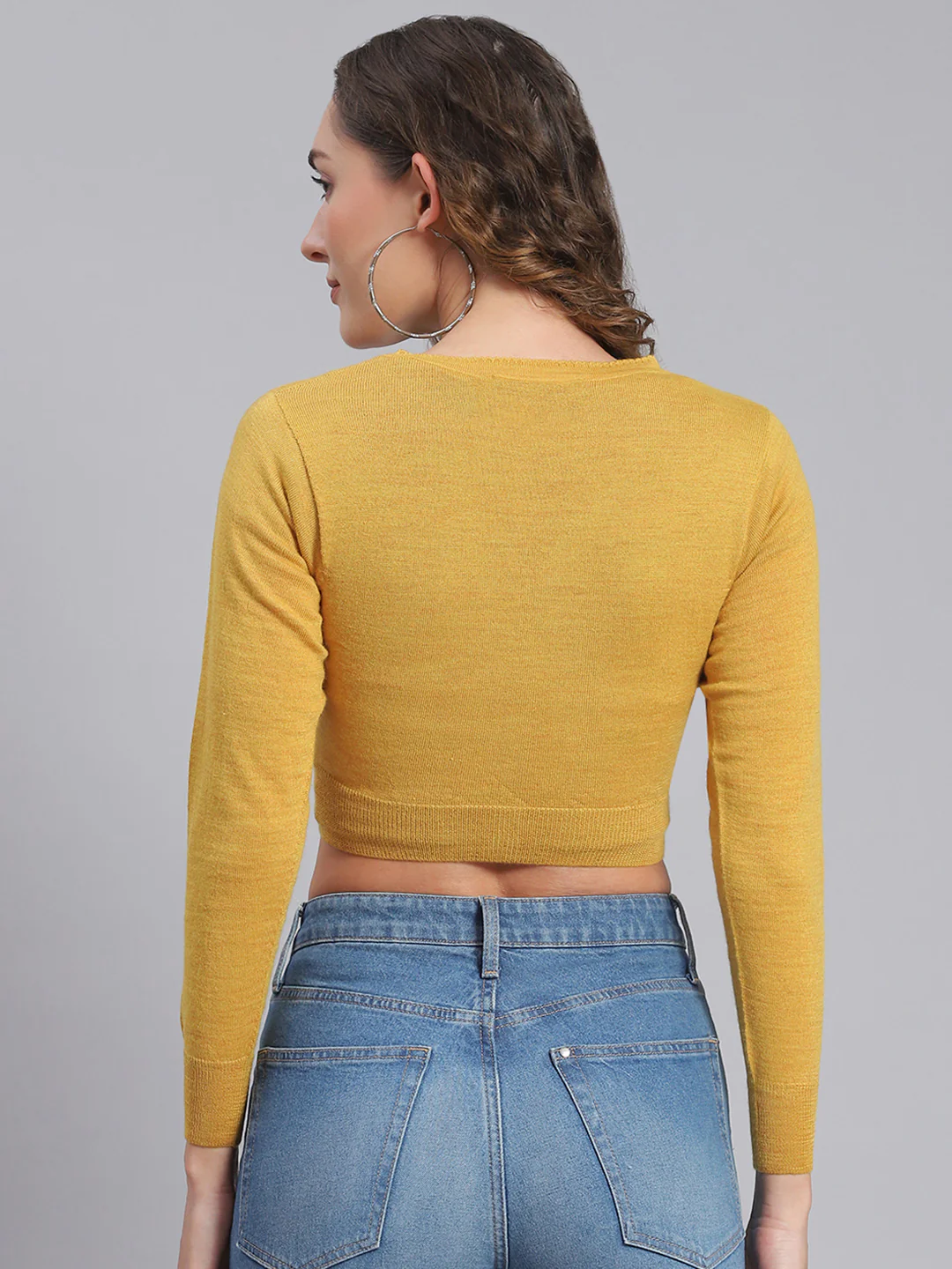 Women Mustard Solid V Neck Full Sleeve Sweater - Image 5